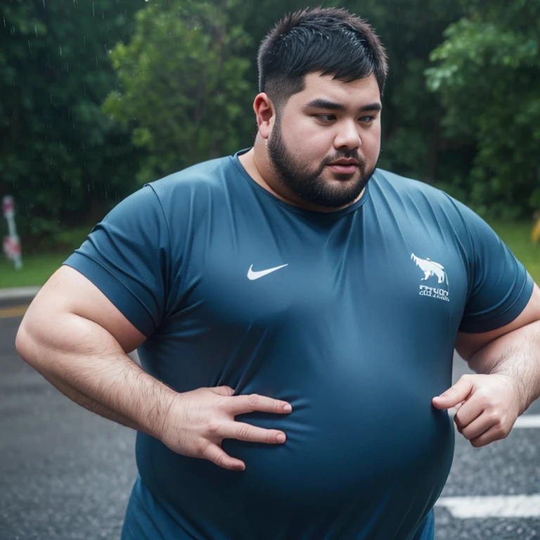 A short haired Mongolian man running on a rainy mogolian grassland, full body shot,mongol,Thick body hair, Strong masculine characteristics, sexy muscular body, partially male hairy torso,masculine and strong,sexy muscular upper body,Fat belly,light tan skin, robust stocky body, beefy, belly button showing, half man half asian black bear, potbelly, dad bod, half man half asian black bull, full body shot, background is mogolian landscape