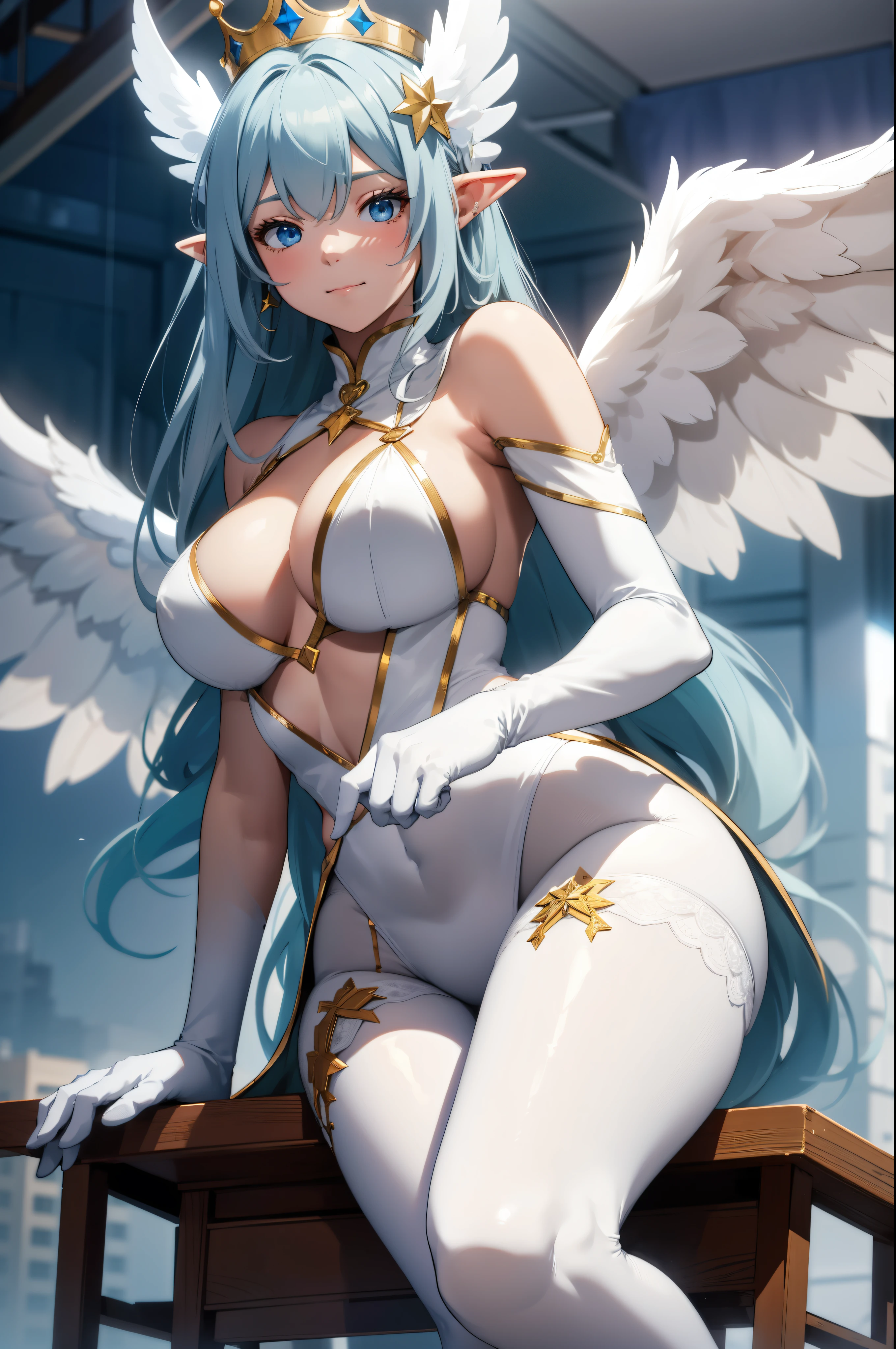 giant girl 50,000 feet high,Weight 1000kg,Have a pair of long legs,Keep your eyes open,Has a pair of huge white angel wings,With huge devil horns on his head,wear a crown on your head,Elf wearing white earrings,She has white hair that reaches her feet,loose hair,Long white wavy hair,Bangs,Wearing a pair of white boots on her feet,White lace gloves,White lace pantyhose,Bow and star embellished tights,白色蕾丝whole body,Sit on a tall building,Beautiful appearance,Exquisite makeup,quality,8k,高quality,Perfect proportion, Cinema lighting,film grain,Fuji colors,8k,textured skin,Super details,high detail,high resolution,fake smile,blood stains,脚底有blood stains,whole body,fat,elf princess,feather,flowers