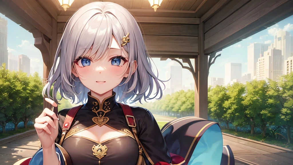 super high quality, with a girl, 20-year-old, very short hair, long bangs between the eyes, pale blue eyes , very detailed,(masterpiece、highest quality)、alone、gray hair、laughter、fantasy, silver hair, black eye, beautiful eyes,, ecstasy, charm, be smitten with audience, fantasyな風景、overlooking the city