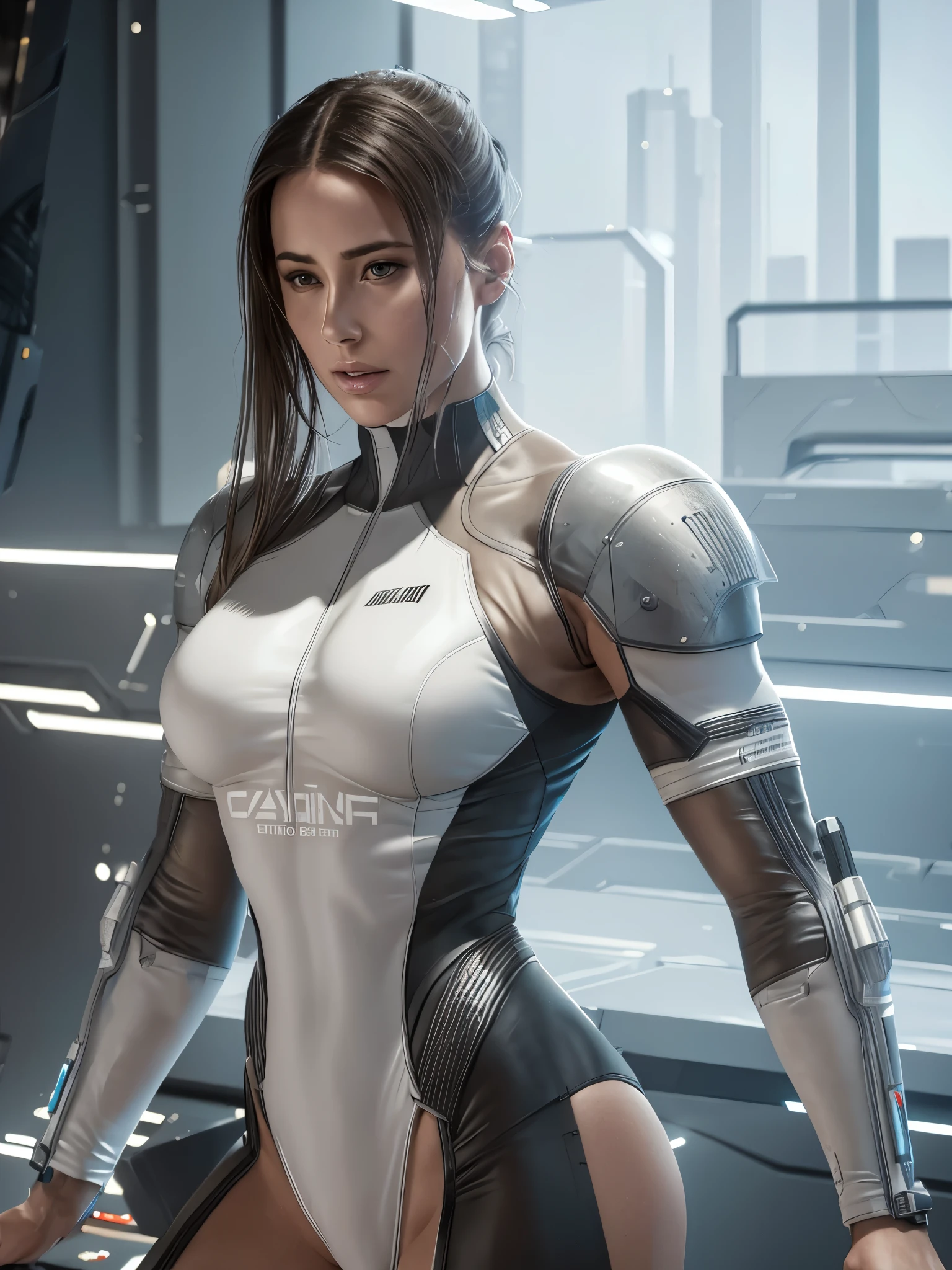 Carter Cruise, 25 yo, Perfect Face, Perfect body, bodybuilder, White Swinsuit armored cyberpunk, Pretty Features, Spaceship Interior, Wadim Kashin, James Gurney, INK, Splash Art", Royo, Sharp Focus, Emitting Diodes, Smoke, Artillery, Sparks, Racks, SYSTEM Unit, Motherboard, by Pascal Blanche Rutkowski Repin Artstation Hyperrealism Painting Concept ART of Detailed Character Design Matte Painting, 4K Resolution Blade Runner, Mysterious 