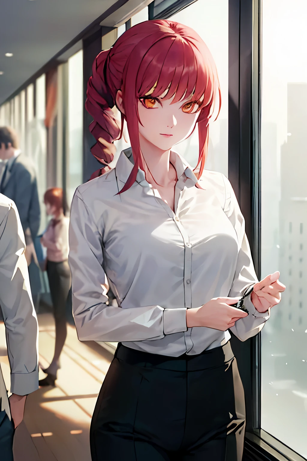 masterpiece, highest quality, super detailed, Beautiful Makima CSM poteit, 一人in, shirt, length_dispel, white_shirt, with collar_shirt, pants, from_behind, arms_behind_return, black_pants, formal, suit, arm_behind_return, shirt_hide_in, facing_Kanata, office_lady, business_suit, high waist_pants, volumetric lighting, highest quality, masterpiece, intricate details, tonemapping, sharp focus, very detailed, trending on Artstation, 