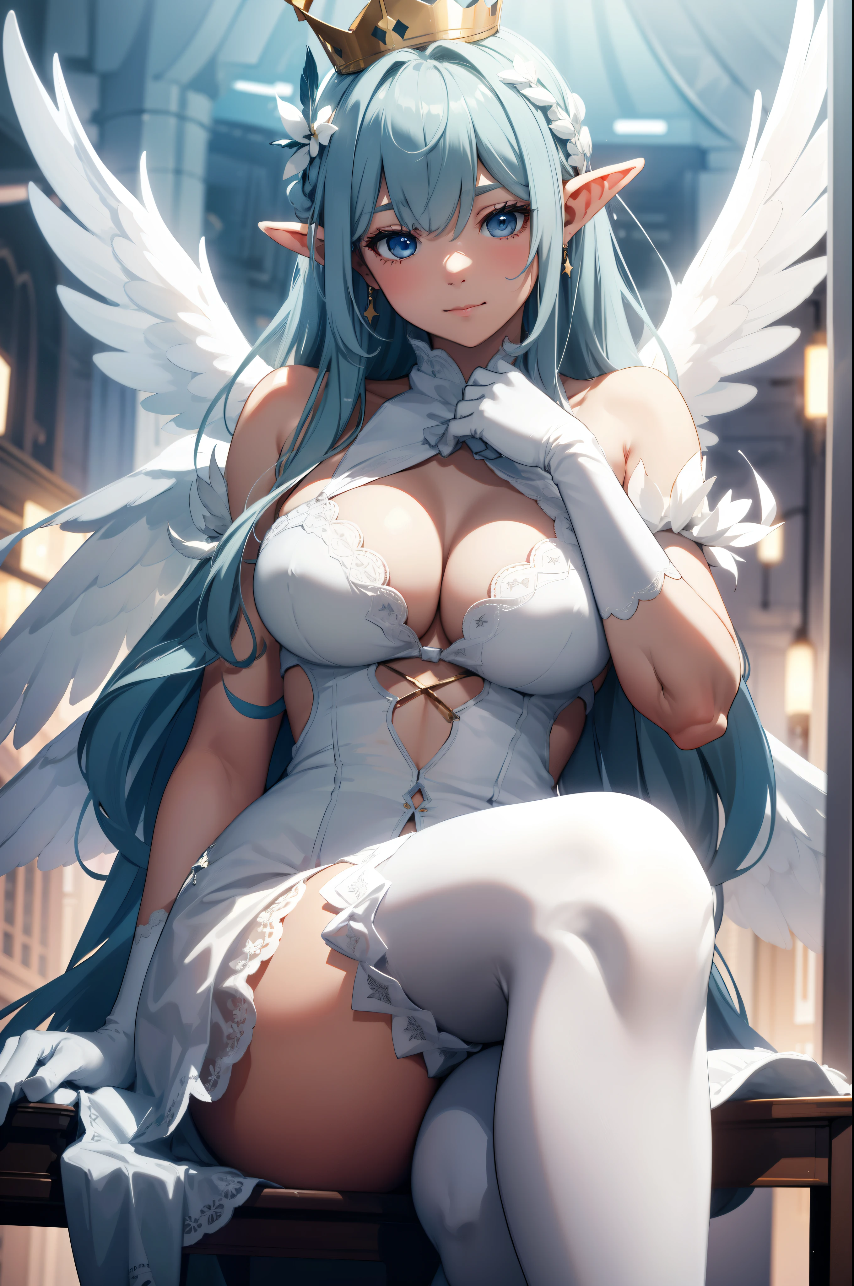 giant girl 50,000 feet high,Weight 1000kg,Have a pair of long legs,Keep your eyes open,Has a pair of huge white angel wings,With huge devil horns on his head,wear a crown on your head,Elf wearing white earrings,She has white hair that reaches her feet,loose hair,Long white wavy hair,Bangs,Wearing a pair of white boots on her feet,White lace gloves,White lace pantyhose,Bow and star embellished tights,白色蕾丝whole body,Sit on a tall building,Beautiful appearance,Exquisite makeup,quality,8k,高quality,Perfect proportion, Cinema lighting,film grain,Fuji colors,8k,textured skin,Super details,high detail,high resolution,fake smile,blood stains,脚底有blood stains,whole body,fat,elf princess,feather,flowers