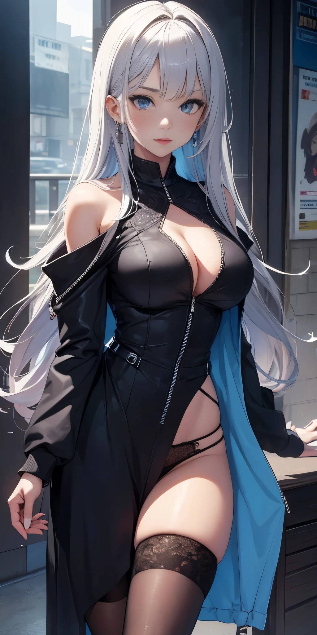 ((Best quality)), ((masterpiece)), 1 girl, sexy, stylish, mature, elegant, evil, sharp jawline, dressed in a silver-blue long coat and black translucent stockings, big , shirtless, braless, black sexy panties, blue colored inner hair, smooth shiny skin.
