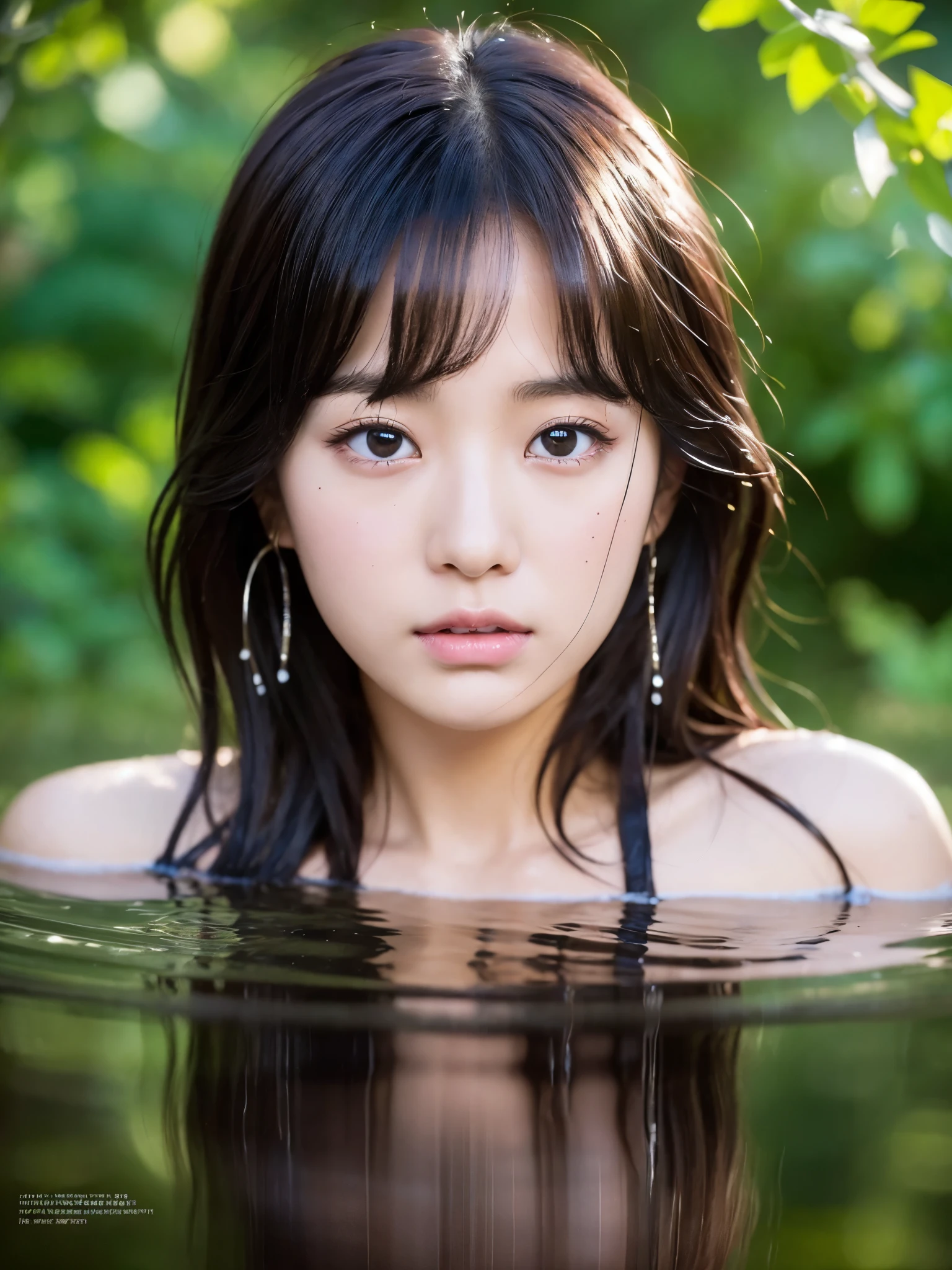 ((highest quality, 8K, masterpiece: 1.3)), woman (hot spring bathing), sweating, water droplets on the forehead of the face, outdoor, background forest, overhead camera, sharp focus: 1.2, cute woman: 1.4, (layered haircut)), (white shirt), highly detailed face、skin、hair texture, 結びeyeのある黒髪, wet textured hair, wet body, detailed eye, double eyelid, 白いskin, beautiful feet, beautiful and delicate nose, かわいい若い日本のwoman, 28 years old, with a dynamic angle, Creates a melancholy feeling characterized by gentle tones and contrasts of light and shadow, while emphasizing the subject's hair., eye, words and actions, それはeyeに心地よく、It's a thought-provoking composition..