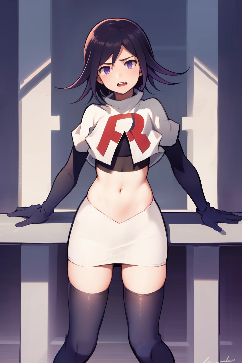 absurdres, cowboy shot, solo, male focus, trap, 1boy, crossdressing,1boy, oma kokichi, team rocket,team rocket uniform,white skirt,red letter R,crop top,black thigh-highs,black elbow gloves,