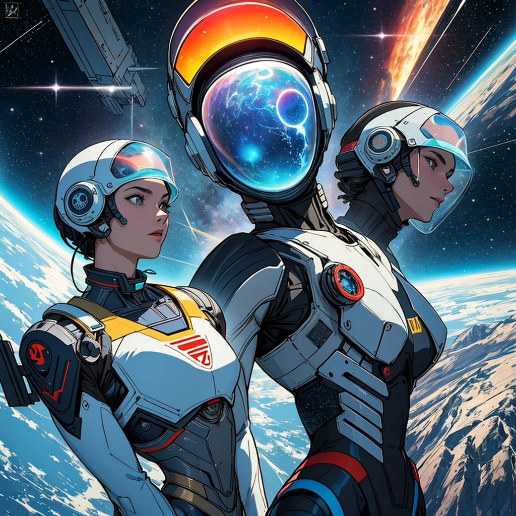 Masterpiece, super fine CG unity 8k wallpaper, ((comics)), （(1 astronaut girl )）, solo, (looking back), （perfect hip）, (curvey body), face detailed，short hair，whole glass Helmet，beautiful stars, （photo realism: 1）,  specular reflection, best lighting, best shadows, ultra detailed, (((transparent tight))), full body, weightlessness, ray tracing, orange lighten,
