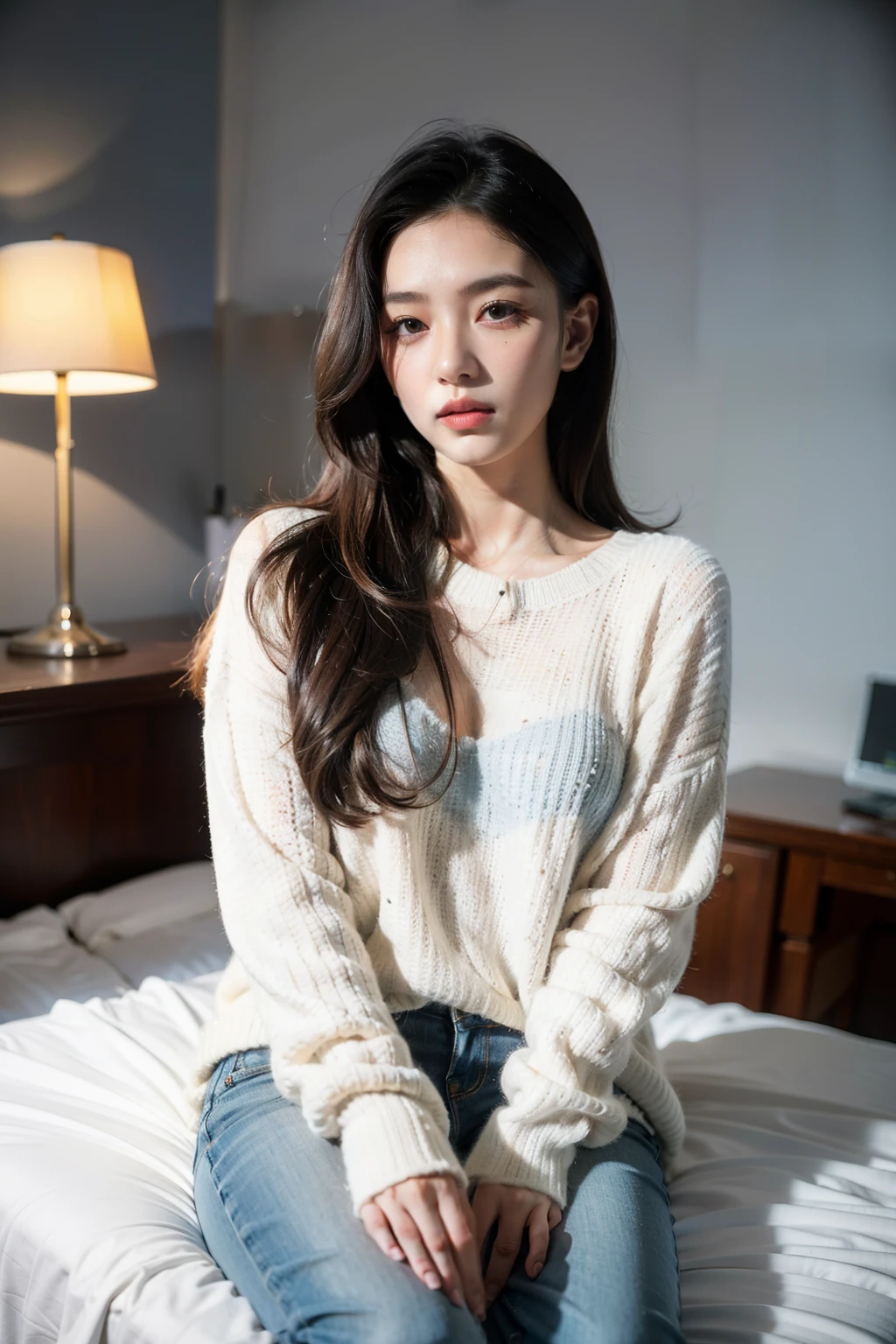 Surrealism, high detail, Cinema lighting, Ray tracing, perspective, Shoot at eye level, ultra high definition, masterpiece, textured skin, 4K, best quality,SLR texture,ISO400,long hair girl,long black hair,Off-white sweater,light blue jeans,in the bedroom,sit on the edge of the bed,desk lamp,