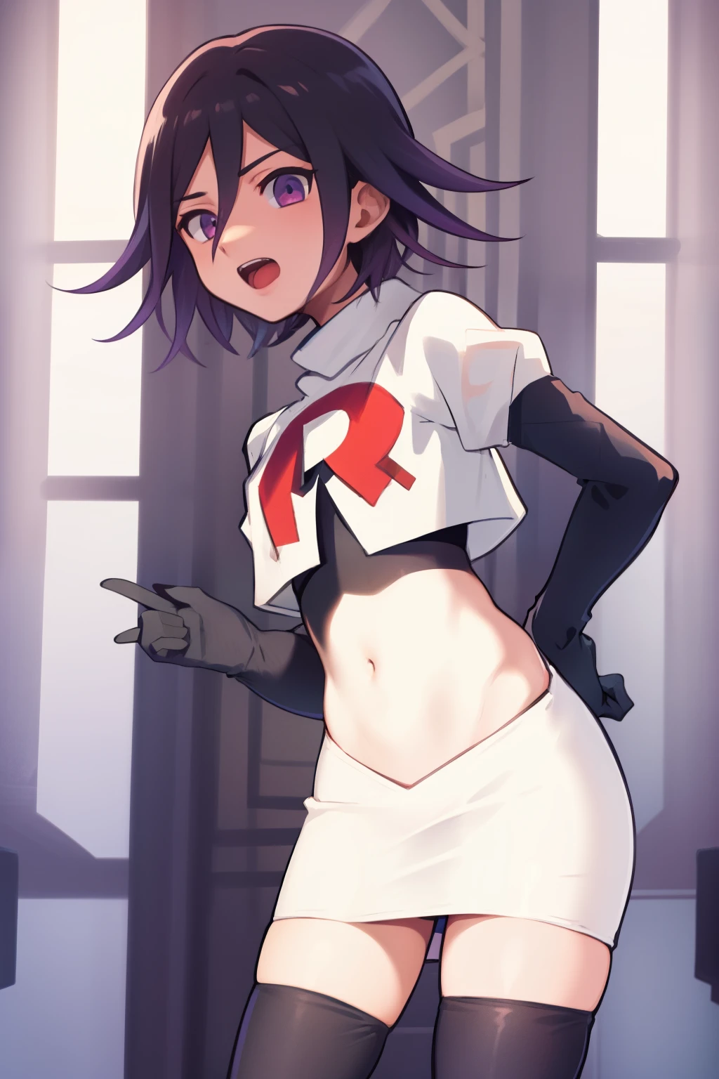 absurdres, cowboy shot, solo, male focus, trap, 1boy, crossdressing,1boy, oma kokichi, team rocket,team rocket uniform,white skirt,red letter R,crop top,black thigh-highs,black elbow gloves,