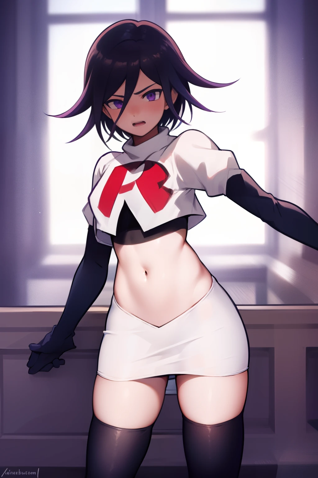 absurdres, cowboy shot, solo, male focus, trap, 1boy, crossdressing,1boy, oma kokichi, team rocket,team rocket uniform,white skirt,red letter R,crop top,black thigh-highs,black elbow gloves,