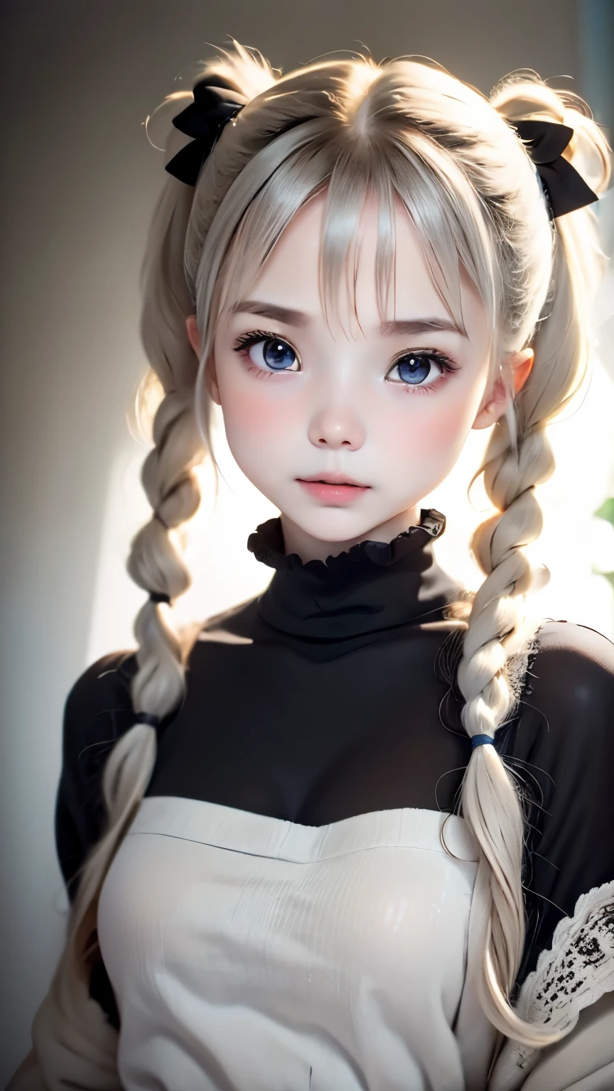 portrait、masterpiece:1.3、one girl、Upper body、Upper body、baby face、natural look、very cute、charming eyes、small breasts、platinum blonde hair、短いtwin tails、twin tails、plump lips、no makeup、luxury shirt with lace、black shirt、RAW photo、最high quality、High resolution、Super detailed、high quality、Detailed details、８ｋ、(((blurred background、gray walls、gray background、White world、studio:1.5、cinematic lighting、professional photographer)))