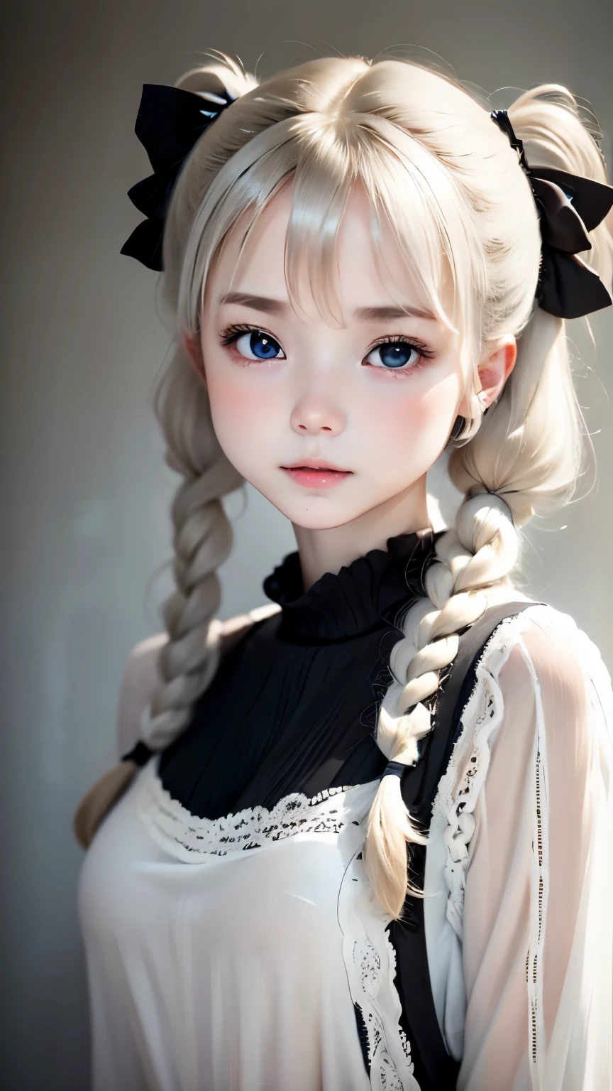 portrait、masterpiece:1.3、one girl、Upper body、Upper body、baby face、natural look、very cute、charming eyes、small breasts、platinum blonde hair、短いtwin tails、twin tails、plump lips、no makeup、luxury shirt with lace、black shirt、RAW photo、最high quality、High resolution、Super detailed、high quality、Detailed details、８ｋ、(((blurred background、gray walls、gray background、White world、studio:1.5、cinematic lighting、professional photographer)))