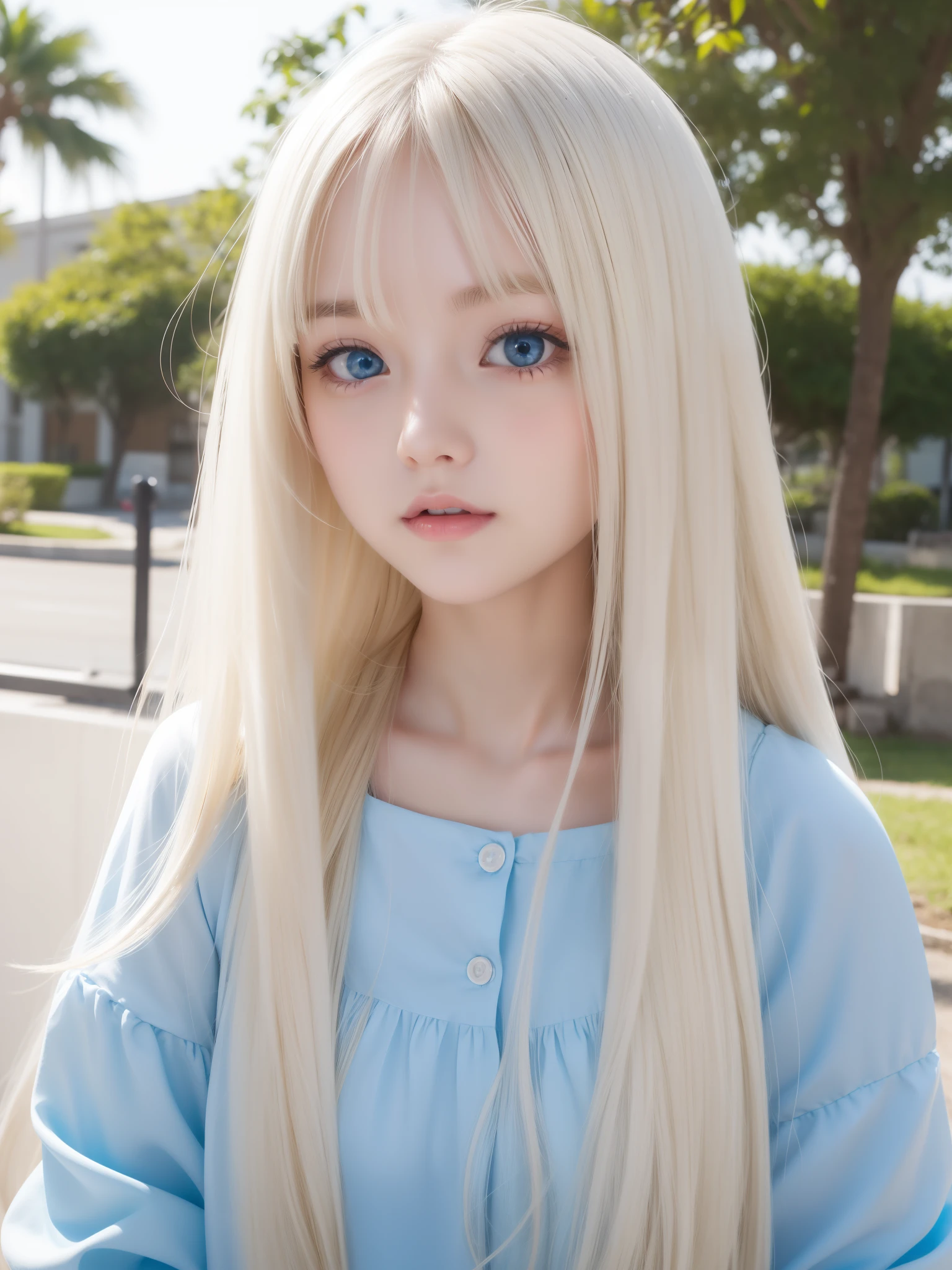 shiny transparent white skin、Wind hair gets in the way of a cute face、Huge、20 year old cute sexy little beautiful face、Beautiful straight hair that stands out、Spectacular, bright light blue eyes、Long silky bangs covering cute eyes, Sexy face hiding hair super long hair sexy cute young woman long natural blonde shiny shiny hair