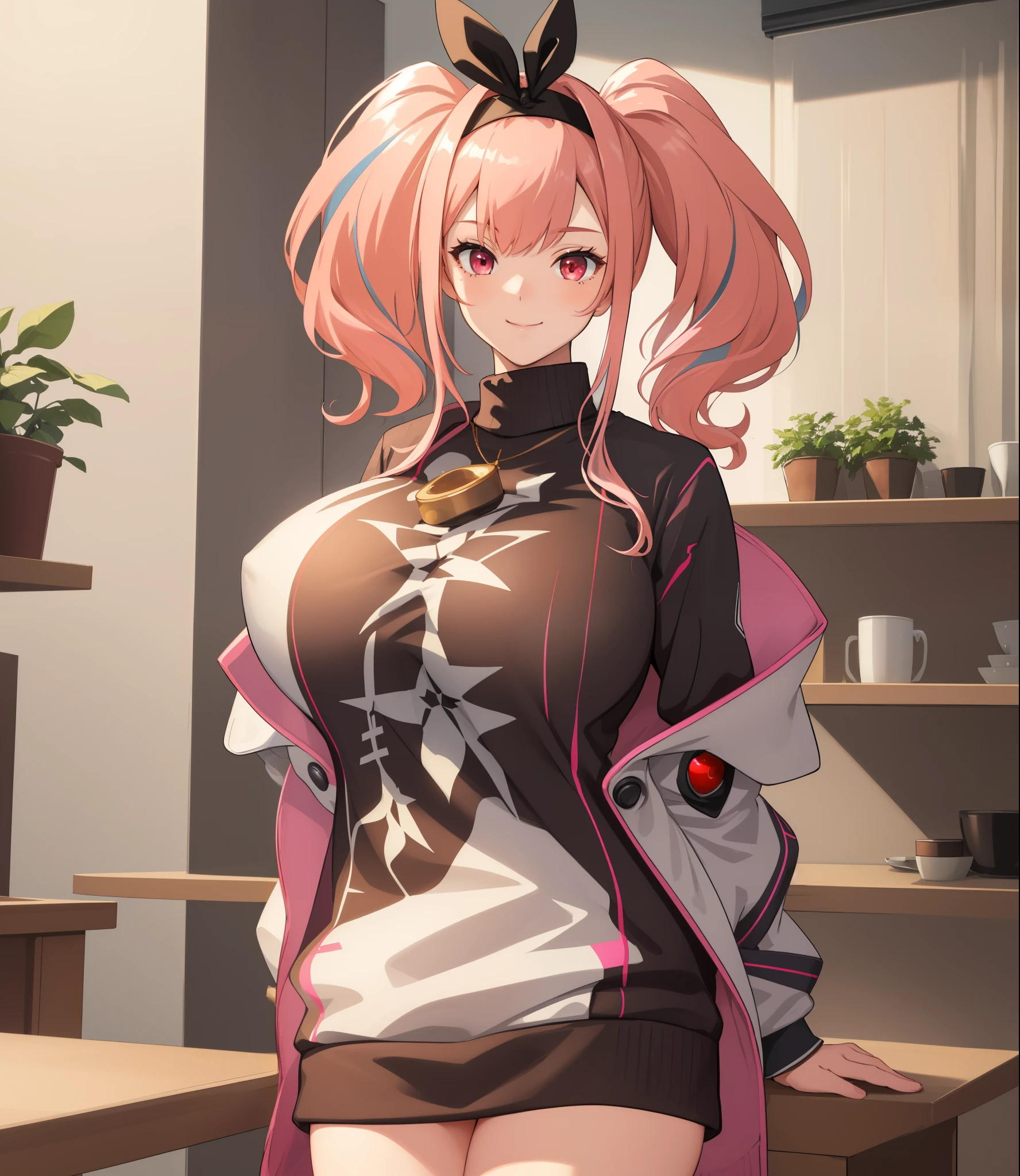 (extremely detailed CG unity 8k wallpaper), (((masterpiece))), (((best quality))), ((ultra-detailed)), (((illustration))), (best shadow), ((an extremely delicate and beautiful)), (detailed light), (well designed face), amazing face, (super detailed), cinematic shot, beautiful detailed eyes, detailed background, 1girl, ((pink hair)), multicolored hair, ((red eyes)), ((short twintails)), (headband), huge breasts, firts rate breasts, first rate female bodies, (sweater), white jacket, open jacket, upper body, inside a cafe, interior design, bewitching thighs, smile, cowboy shot,