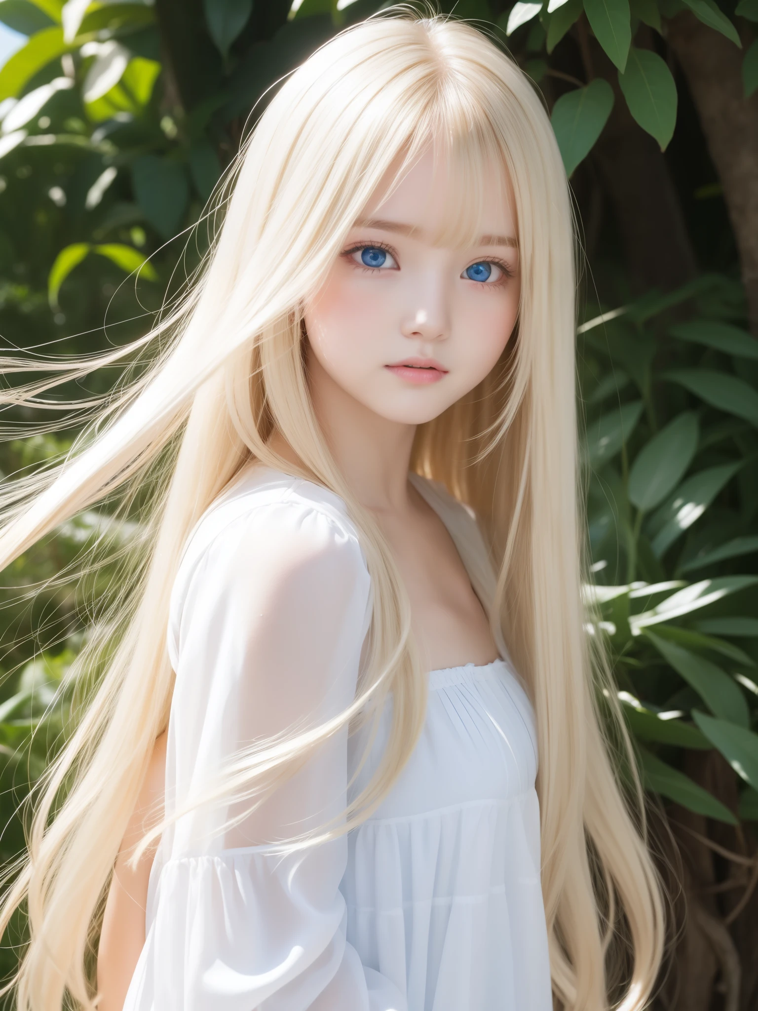 shiny transparent white skin、Wind hair gets in the way of a cute face、Huge、20 year old cute sexy little beautiful face、Beautiful straight hair that stands out、Spectacular, bright light blue eyes、Long silky bangs covering cute eyes, Sexy face hiding hair super long hair sexy cute young woman long natural blonde shiny shiny hair