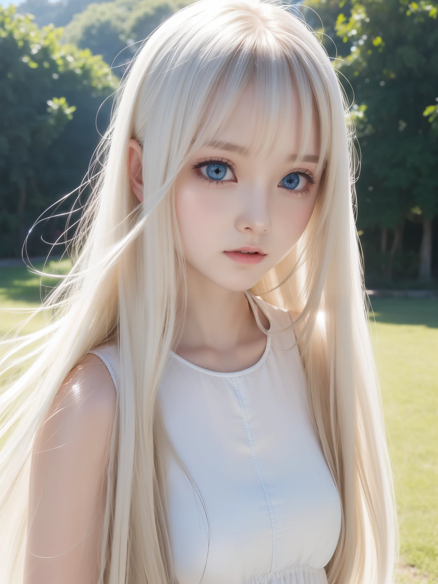 shiny transparent white skin、Wind hair gets in the way of a cute face、Huge、20 year old cute sexy little beautiful face、Beautiful straight hair that stands out、Spectacular, bright light blue eyes、Long silky bangs covering cute eyes, Sexy face hiding hair super long hair sexy cute young woman long natural blonde shiny shiny hair