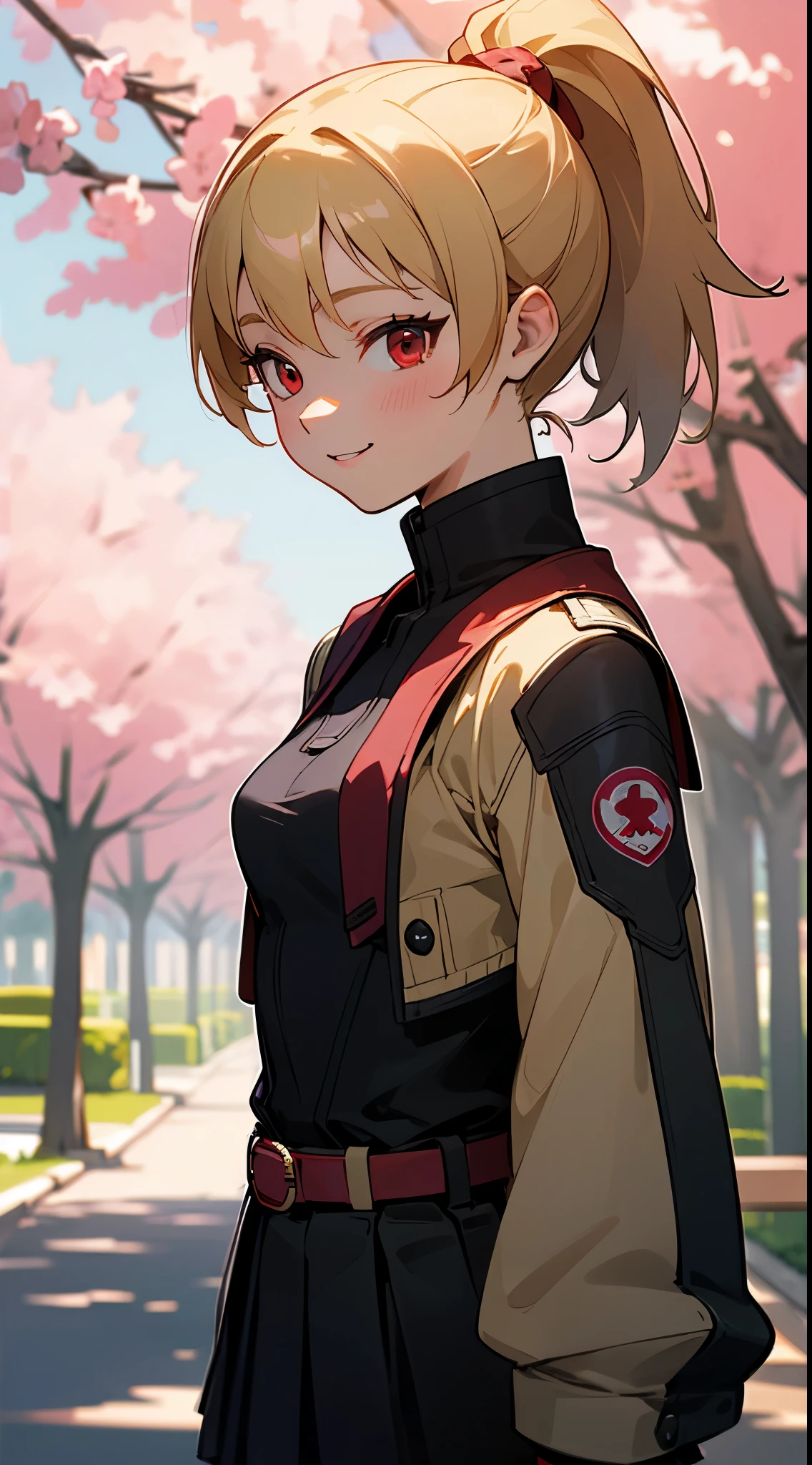 (highest quality、Super detailed、reality)、Energetic girl、high school girl、small breasts、riders jacket、blonde、red eyes、ponytail、From the side、gloves、bright smile、stand in front of a street tree、Upper body close-up、Sakura Park、sharp outline