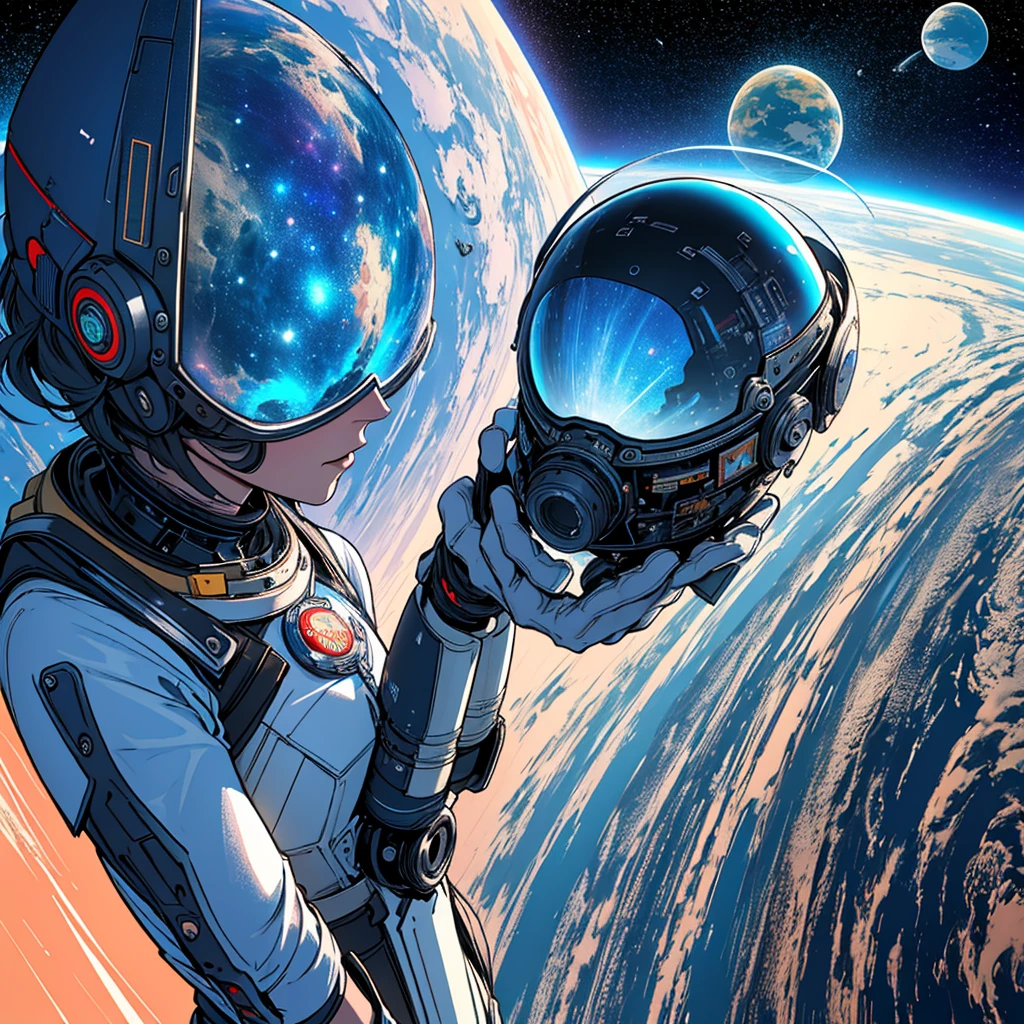 cinematic film still {Retro-futuristic Odyssey: (masterpiece, UHD, CGI, trending on artstation:1.2), lone astronaut, (sleek white spacesuit with blue highlights:1.2), floating before a massive, (orbiting space station:1.1), Earth in the background, vibrant auroras, (retro-futuristic design:1.3), gleaming metal, intricate patterns on the station's hull, sunburst reflecting off visor, deep space, stars twinkling, (nebula:1.1) in the distance, weightlessness captured, dynamic angle, looking over shoulder, (sense of exploration:1.1), vivid colors, high contrast, sense of immense scale} . shallow depth of field, vignette, highly detailed, high budget, bokeh, cinemascope, moody, epic, gorgeous, film grain, grainy