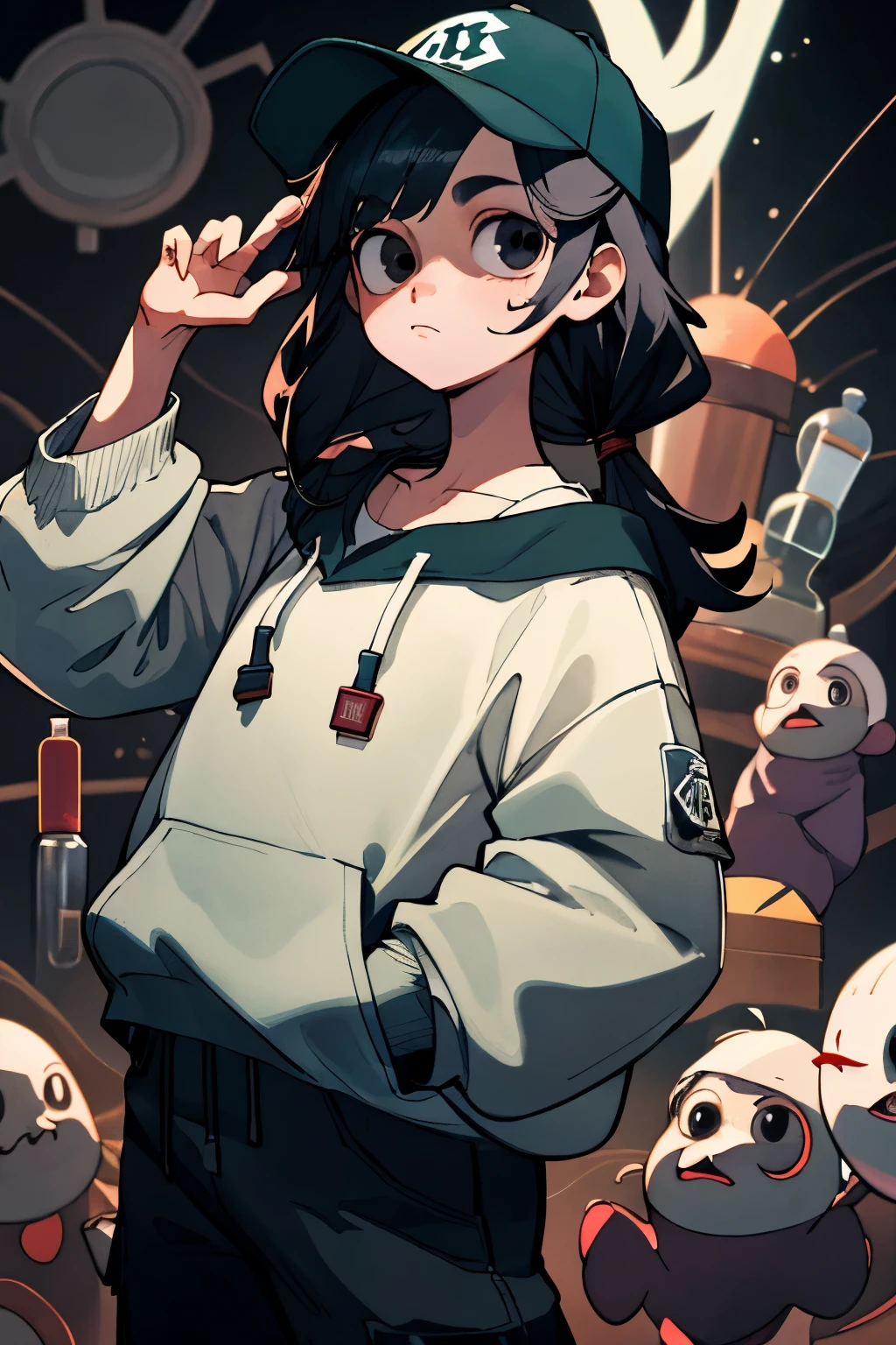 1girll,Back shadow,Sweatshirt,An off-the-shoulder garment,baseball cap,Alchemy Laboratory,the mystery of unknown territories,Put your hands in your pockets,Black hair,Shoulder-length hair,Black eyes,Game scene graph, best quality,ultra-detailed,high resolution,extremely detailed cg,anime picture,unity 8k wallpaper,