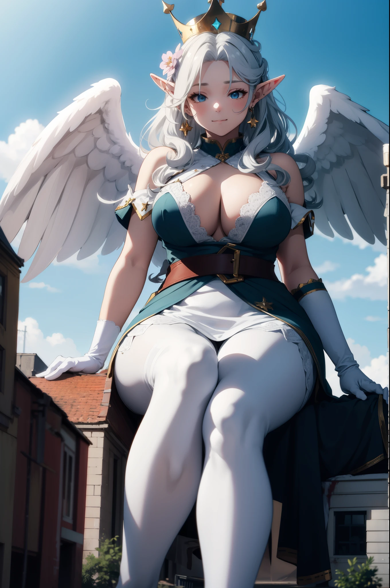 giant girl 50,000 feet high,Weight 1000kg,Has a pair of long legs,Open your eyes wide,Has a pair of huge white angel wings,With huge devil horns on his head,crown on head,Elf wearing white earrings,She has long white hair that reaches her feet,loose hair,White wavy long curly hair,Bangs,Wearing a pair of white boots,White lace gloves,White lace hose,Pantywith bow and star decorations,白色蕾丝whole body,sitting on a tall building,Beautiful appearance,Exquisite makeup,quality,8k,高quality,Perfect proportion, Cinema lighting,film grain,Fuji colors,8k,textured skin,Super details,high detail,high resolution,fake smile,blood stains,脚底有blood stains,whole body,Obese,elf princess,feather,flowers