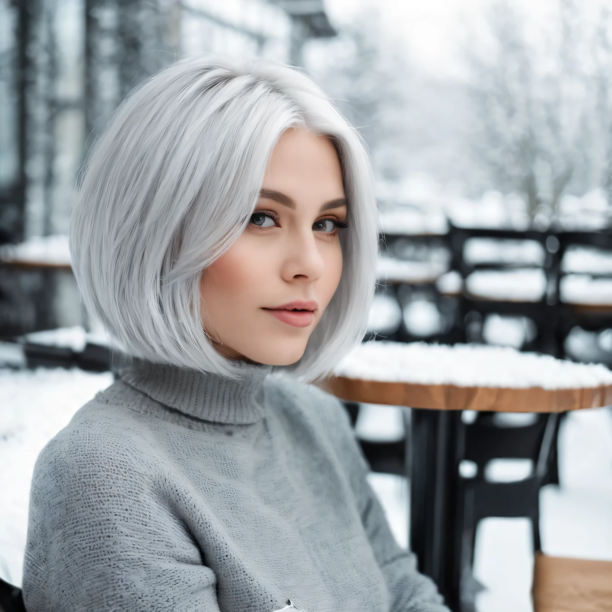 Beautiful girl, silver bob hair, sitting in a cafe in winter, eye, upper body