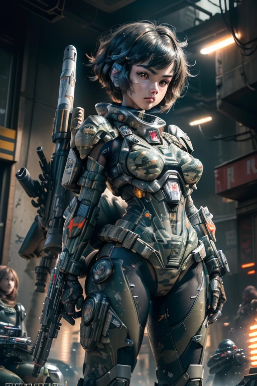 extremely detailed CG unity 32K wallpaper, top quality, masterpiece, raw photo, photorealistic, highest resolution, professional photo, dynamic, cinematic lighting, (cyberpunk:1.4), science fiction, sharp focus, depth of field, (perfect body, correct ???????, correct body proportion:1.5), intricately detailed face, expressive face, POV, (from front:1.3), 1 girl, ((female soldier:1.4)), mecha-musume, solo, (cowboy shot:1.2), black hair, (very short hair:1.1), ultra-realistic skin, detailed skin, tanned skin, (dark and narrow eyes:1.4), highly detailed nose and lips, beautiful nose, expressionless, (innocent face:1.1), (round and slim outline of the face:1.3), (camouflaged, combat uniform:1.5), (slender, beautiful breast:1.4), perfect body proportion, ((powered suit, mechanical body armor, highly weaponized body:1.3)), ((holding 1 blaster rifle:1.5)), ((aiming the blaster rifle:1.5)), (((a pair of rocket launchers is mounted on the girl's both shoulders:1.5))),  in combat with hostile armed group, (((noon, daytime, vandalized town:1.3)))