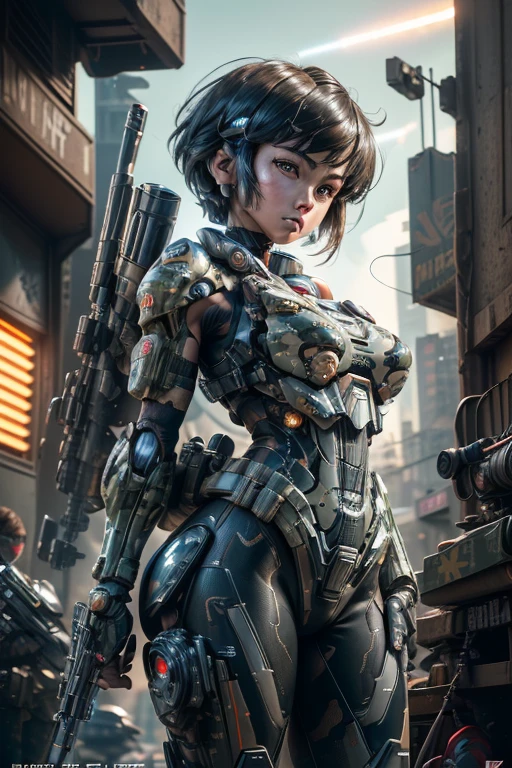 extremely detailed CG unity 32K wallpaper, top quality, masterpiece, raw photo, photorealistic, highest resolution, professional photo, dynamic, cinematic lighting, (cyberpunk:1.4), science fiction, sharp focus, depth of field, (perfect body, correct anatomy, correct body proportion:1.5), intricately detailed face, expressive face, POV, (from front:1.3), 1 girl, ((female soldier:1.4)), mecha-musume, solo, (cowboy shot:1.2), black hair, (very short hair:1.1), ultra-realistic skin, detailed skin, tanned skin, (dark and narrow eyes:1.4), highly detailed nose and lips, beautiful nose, expressionless, (innocent face:1.1), (round and slim outline of the face:1.3), (camouflaged, combat uniform:1.5), (slender, beautiful breast:1.4), perfect body proportion, ((powered suit, mechanical body armor, highly weaponized body:1.3)), ((holding 1 blaster rifle:1.5)), ((aiming the blaster rifle:1.5)), (((a pair of rocket launchers is mounted on the girl's both shoulders:1.5))),  in combat with hostile armed group, (((noon, daytime, vandalized town:1.3)))