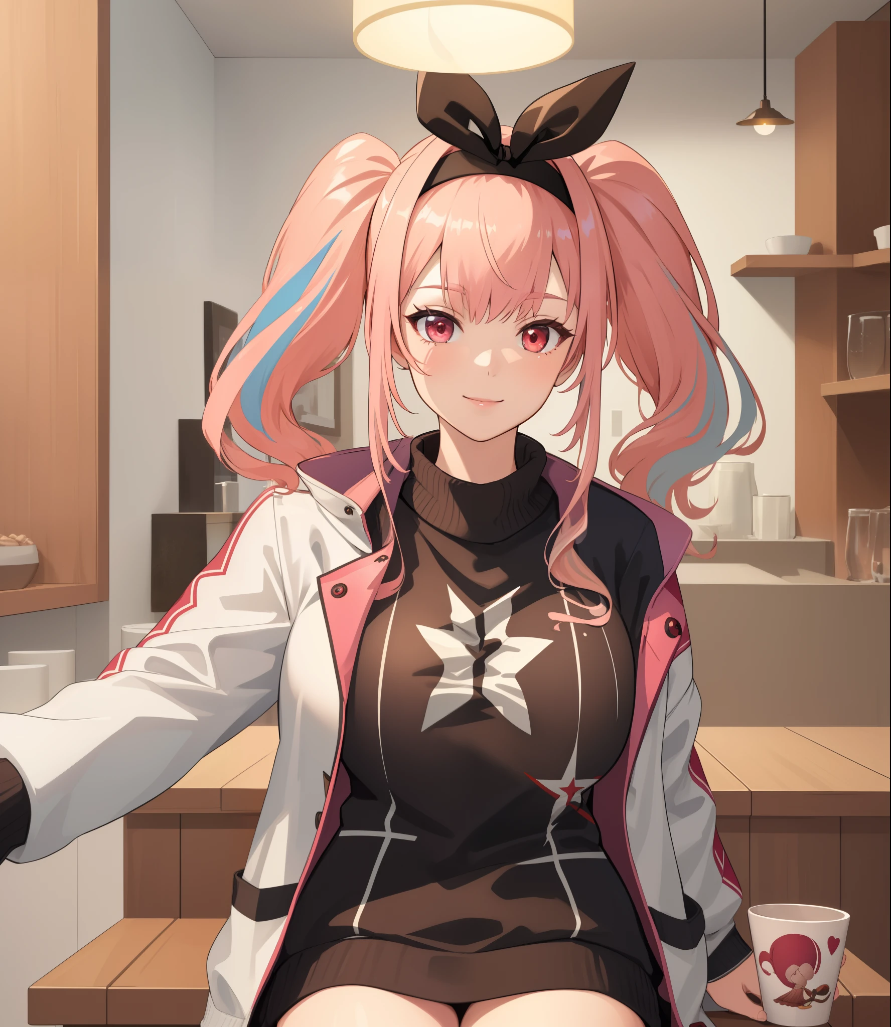 (extremely detailed CG unity 8k wallpaper), (((masterpiece))), (((best quality))), ((ultra-detailed)), (((illustration))), (best shadow), ((an extremely delicate and beautiful)), (detailed light), (well designed face), amazing face, (super detailed), cinematic shot, beautiful detailed eyes, detailed background, 1girl, ((pink hair)), multicolored hair, ((red eyes)), ((short twintails)), (headband), huge breasts, firts rate breasts, first rate female bodies, (sweater), white jacket, open jacket, upper body, inside a cafe, interior design, bewitching thighs, smile, cowboy shot,