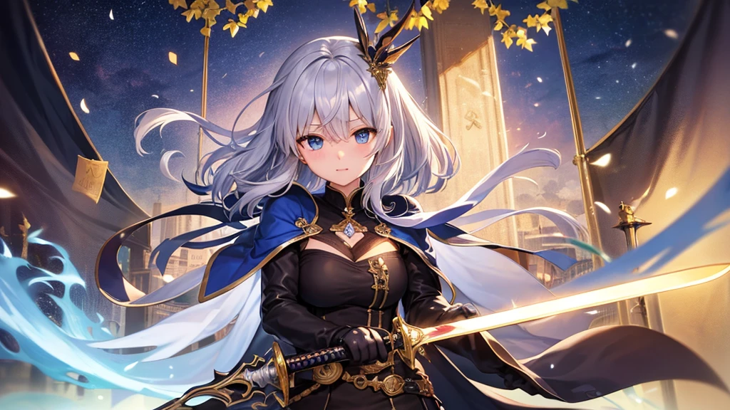 super high quality, with a girl, 20-year-old, very short hair, long bangs between the eyes, pale blue eyes , very detailed,(masterpiece、highest quality)、alone、gray hair、laughter、fantasy, silver hair, black eye, beautiful eyes,, ecstasy, charm, be smitten with audience, fantasyな風景、prepare a sword