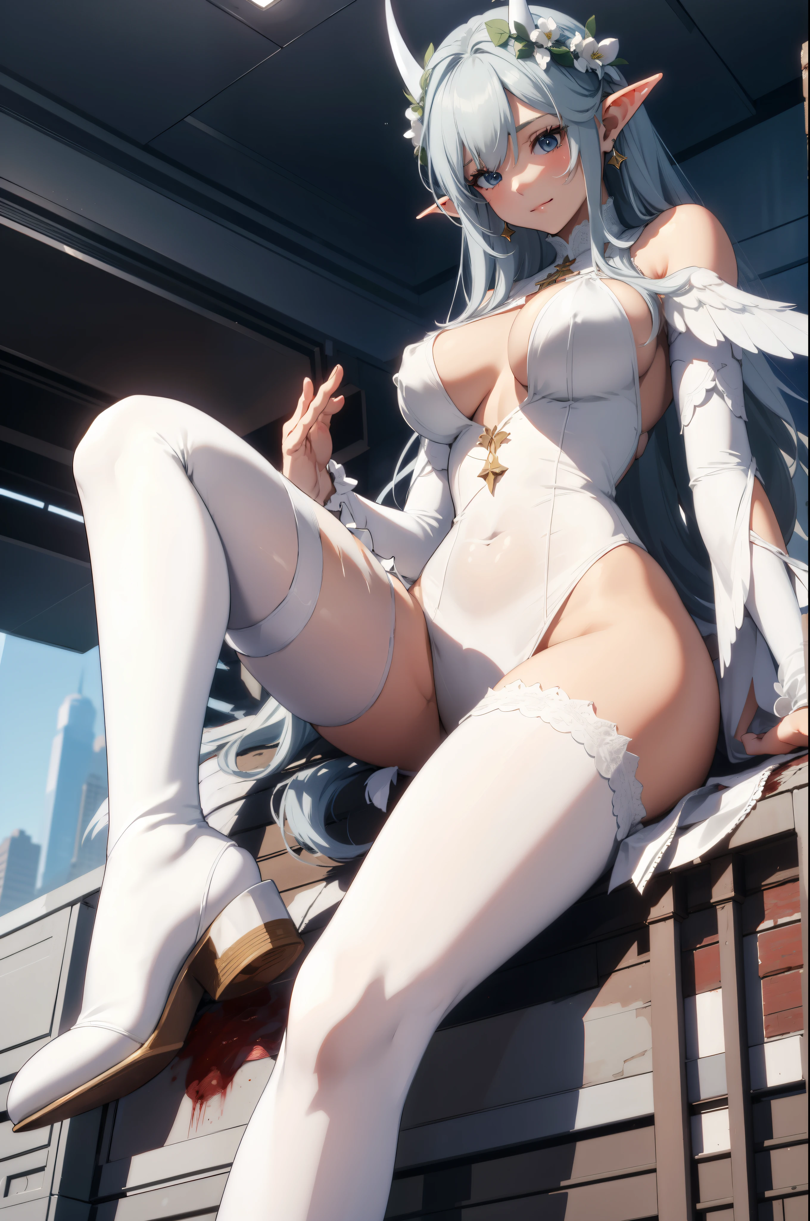 giant girl 50,000 feet high,Weight 1000kg,Have a pair of long legs,Keep your eyes open,Has a pair of huge white angel wings,With huge devil horns on his head,wear a crown on your head,Elf wearing white earrings,She has white hair that reaches her feet,loose hair,Long white wavy hair,Bangs,Wearing a pair of white boots on her feet,White lace gloves,White lace pantyhose,Bow and star embellished tights,白色蕾丝whole body,Sit on a tall building,Beautiful appearance,Exquisite makeup,quality,8k,高quality,Perfect proportion, Cinema lighting,film grain,Fuji colors,8k,textured skin,Super details,high detail,high resolution,fake smile,blood stains,脚底有blood stains,whole body,fat,elf princess,feather,flowers