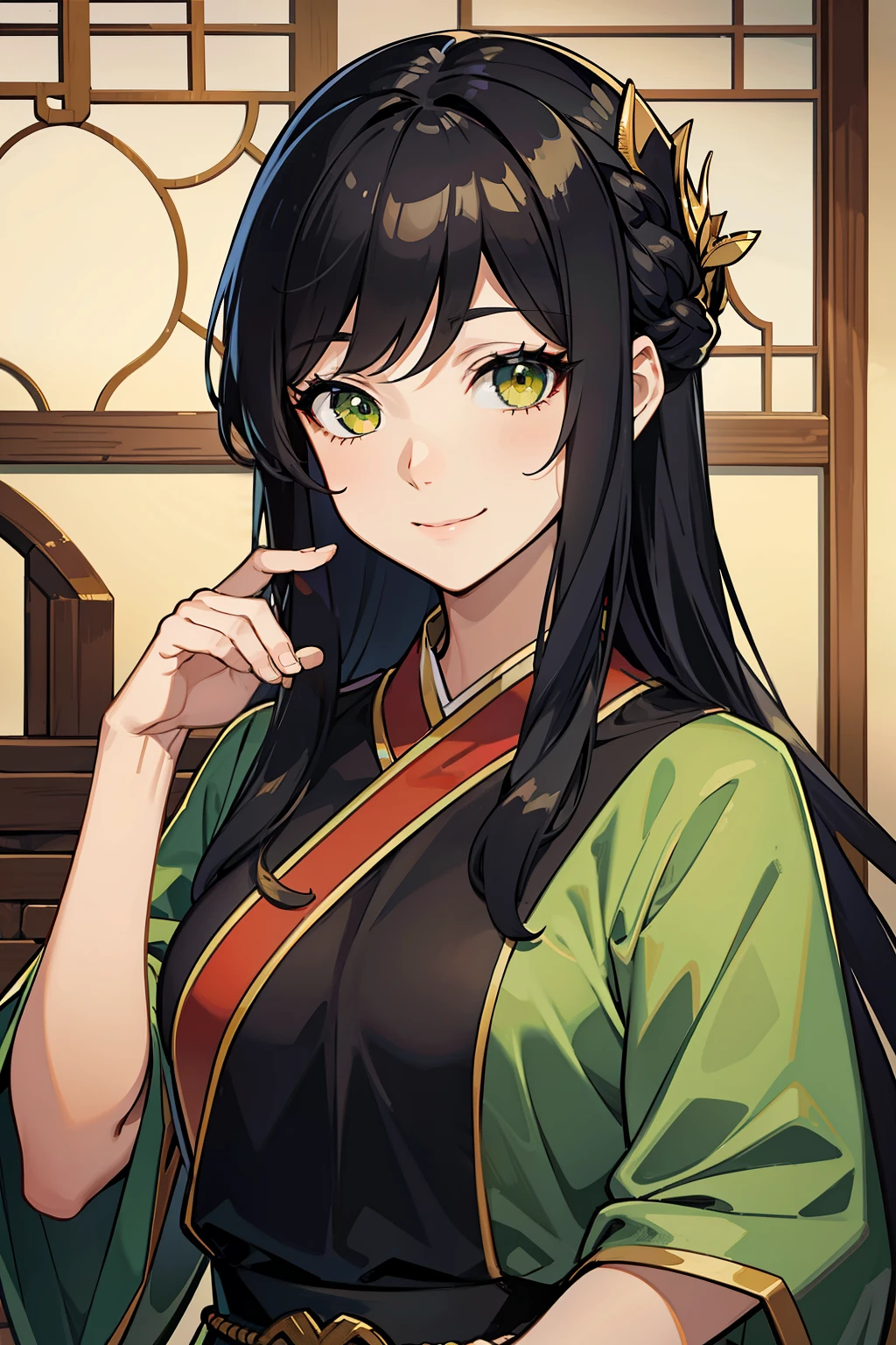 (high-quality, breathtaking),(expressive eyes, perfect face) portrait, 1girl, female, solo, adult woman, age late 20's, black hair, green yellow eye color, long hair length, soft wavy hair, gentle smile, loose hair, side bangs, looking at viewer, portrait, happy expression, fantasy clothing, blacksmith, blacksmith clothing, blacksmith profession, elegant, mature, height 5"6, Chinese attire, eastern oriental clothes, Ruan Mei 
