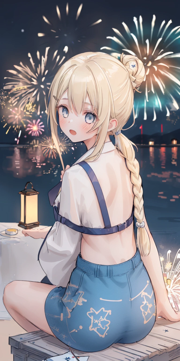 (((masterpiece))), (1girl:1.5), hyper detailed, highres, ((best quality)), (extremely delicate and beautiful), {8k cg wallpaper}, illustration, (blush), (braided ponytail | ponytail | hairbun), (extremely detailed background:1.6), (very long black hair|blonde hair), detailed face, night, festival, (kimono:0.7), outdoors, lantern, (fireworks:1.4), paper lantern, snow, wind, snowflakes, hair ornament, open eyes (blind really white eyes), (from behind:1.3), sitting, river, riverbank, starry sky, (holding hands:0.6), leaning on person, pointing, on heaven
