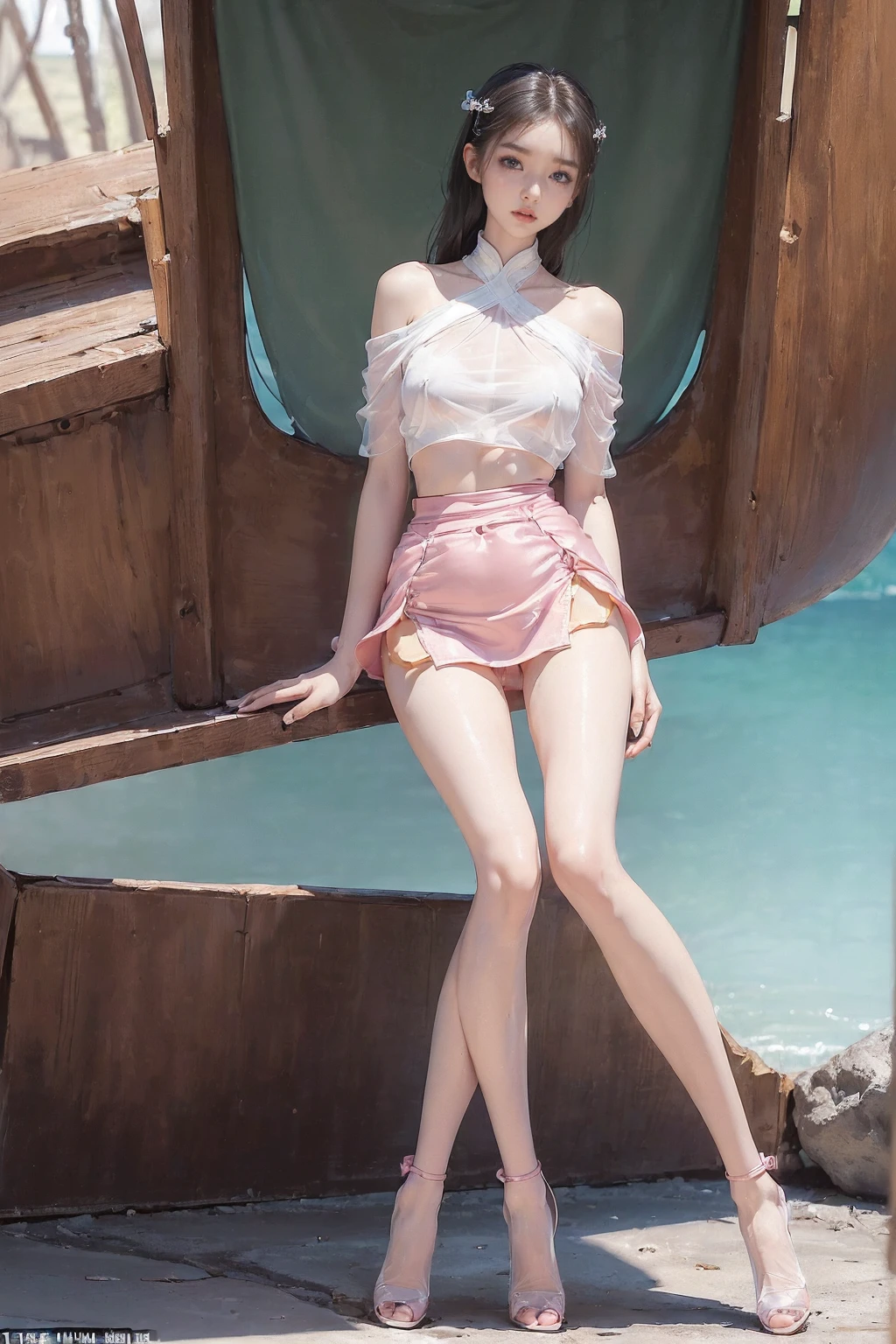 (masterpiece, best quality), pale skin, (baby face), Island beach background, (Purely off-the-shoulder, Short transparent top, high waist skirt, tight mini skirt:1.3), (Skinny Thighs:1.9, Yao Liu, lose weight, long legs, thin legs:1.9), blonde hair, (huge , lift your hips, straight legs), Show belly button, (Wide thigh clearance:1.6, wide gap between thighs:1.6), whole body forward, Nipple protrusion, pink breast bulge, Camel toe bump, (Facing age Barbara Palvin)