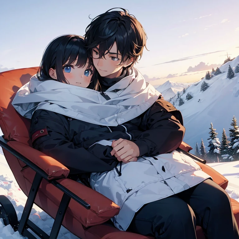 a young girl sits on a man's lap, holding each other and her legs wrapped around him as they sled down a snowy slope