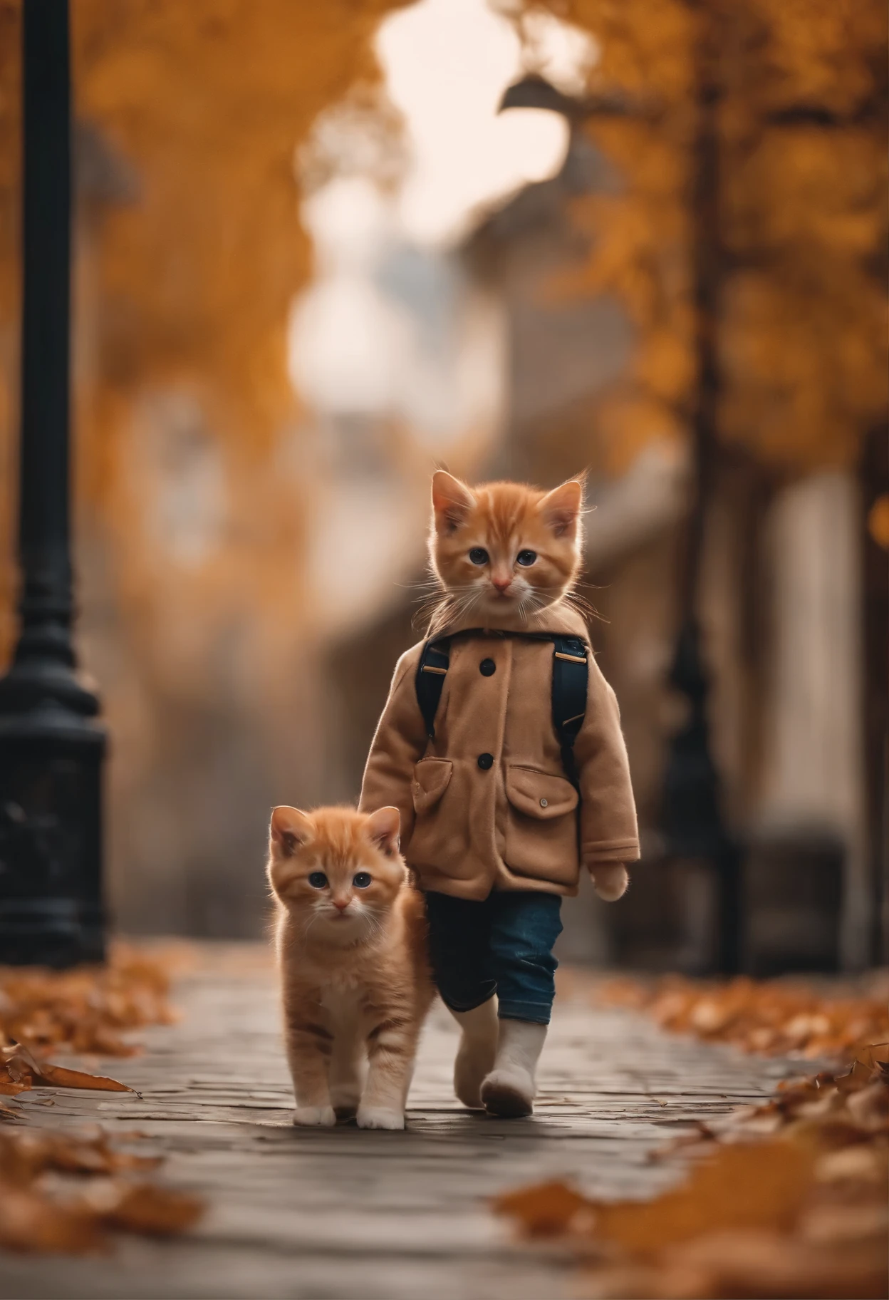 Autumn season、I have two kittens, 一只cute little cat, cute little cat, The loveliest, very cute, Cute and cute, 而且Cute and cute. they are walking down the street with their backpacks on, walking together, commute, proudly walking down the street, And the cat is walking. They are cute in the style of 🍂 and 🍁, Cute and cute, Cute and cute, oh, Beautiful and cute. They are known as the real-life Tom and Jerry.Wear warm clothes、scarf、coat