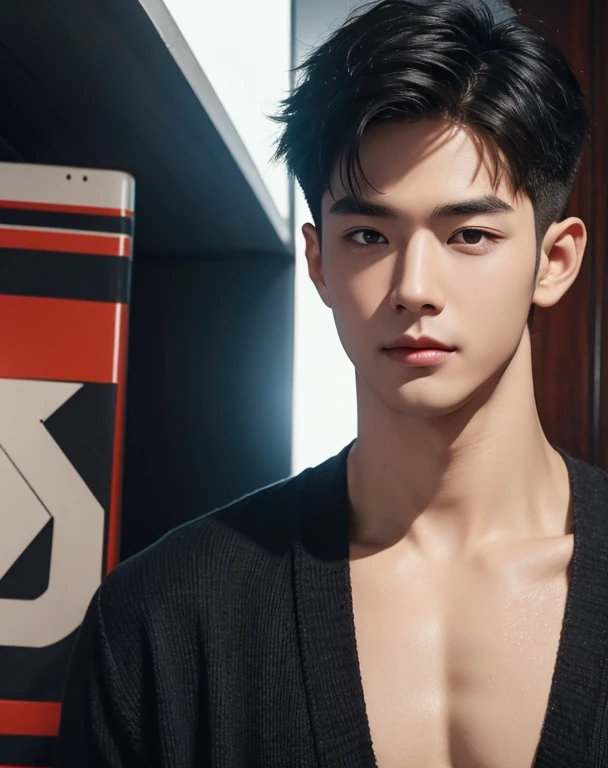 High quality, masterpiece, highly detailed, 8k, perfect face, perfect body, realistic, photogenic, man, Asian, young, black hair, comma hair cut style, handsome, detailed eyes, beautiful detailed nose, realistic body, realistic light, comfortable expressions, cute guy, sweat guy, cool guy