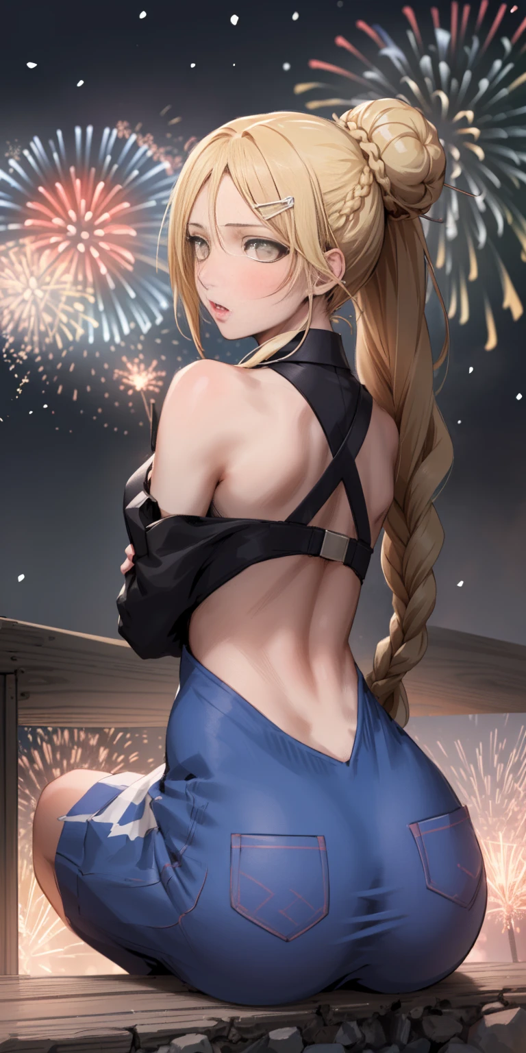 (((masterpiece))), (1girl:1.5), hyper detailed, highres, ((best quality)), (extremely delicate and beautiful), {8k cg wallpaper}, illustration, (blush), (braided ponytail | ponytail | hairbun), (extremely detailed background:1.6), (very long black hair|blonde hair), detailed face, night, festival, outdoors, lantern, (fireworks:1.4), paper lantern, snow, wind, snowflakes, hair ornament, closed eyes, (from behind:1.3), sitting, river, riverbank, starry sky, (holding hands:0.6), leaning on person, showing pink thong, nice ass
