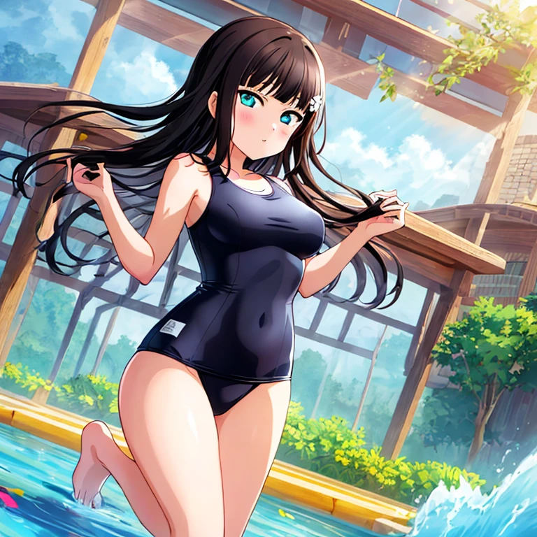 best quality, very aesthetic, Super detailed, best illustration, 1girl, おっぱい, black_hair, one-piece swimsuit, タオルを巻く