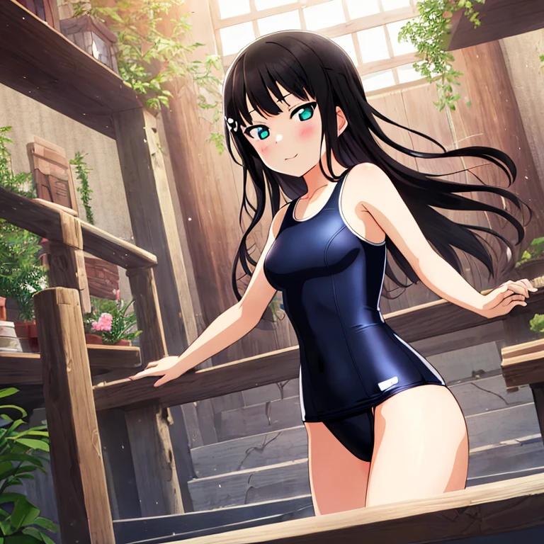 best quality, very aesthetic, Super detailed, best illustration, 1girl, おっぱい, black_hair, one-piece swimsuit, タオルを巻く