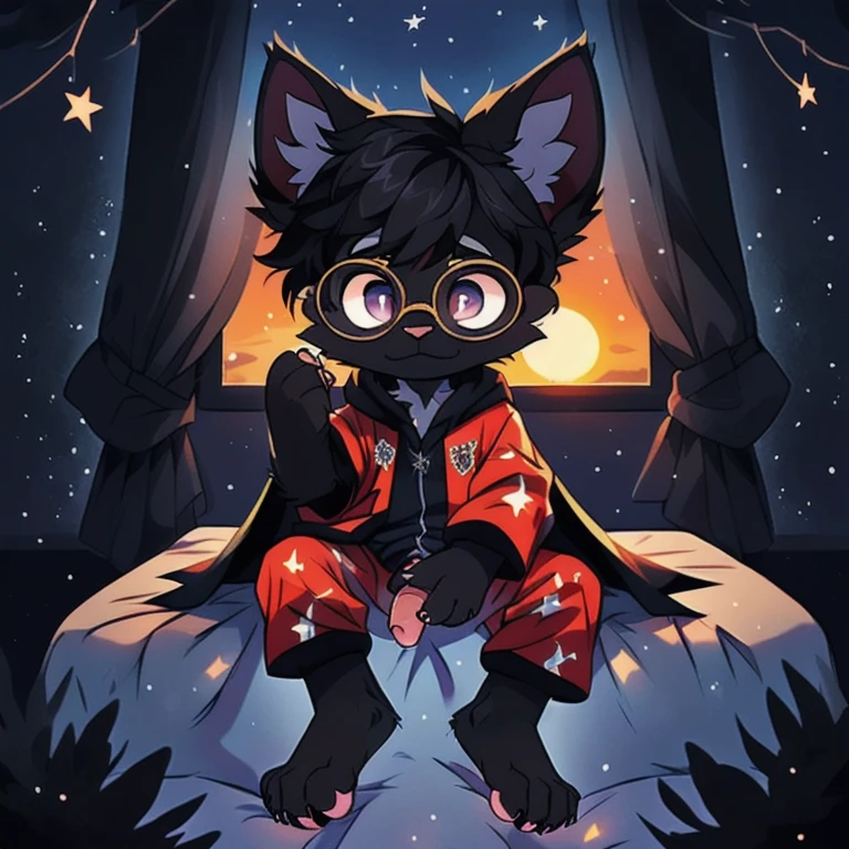 Character (fluffy black fur feline), fur, black, (completely black), (black fur), (black fur), (stars in his fur) (claws on each finger), (black crystal glasses and stars in his glasses with red frame), (dresses in black pajamas with stars) (huge dark cape in which you see space and many stars). (long ears), (starry and tousled black hair looking like galaxies), (sunset colored cape), (long tail and a big fur pompom). Inexpressive (), (Paws shaped like feet), (Sitting imposingly), (Child's bo(Shows his paws). bed, window, nigh, dark, darknes. stars. (black crystals), shadow, shadows, dark background, darkness, total darkness, (pawpads), cute, child, kid, (s), (stars on his eyes), penis, dick, (open pajamas), (open legs). (shows a paw)
