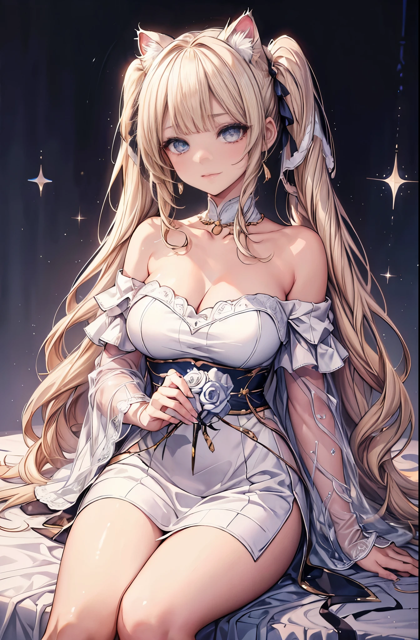 masterpiece, highest quality, High resolution, SA1, gold off shoulder dress, sparkling eyes, false eyelashes, Platinum Blonde Twin Tails, Cute atmosphere, Rose, Cat ear, (1 person),