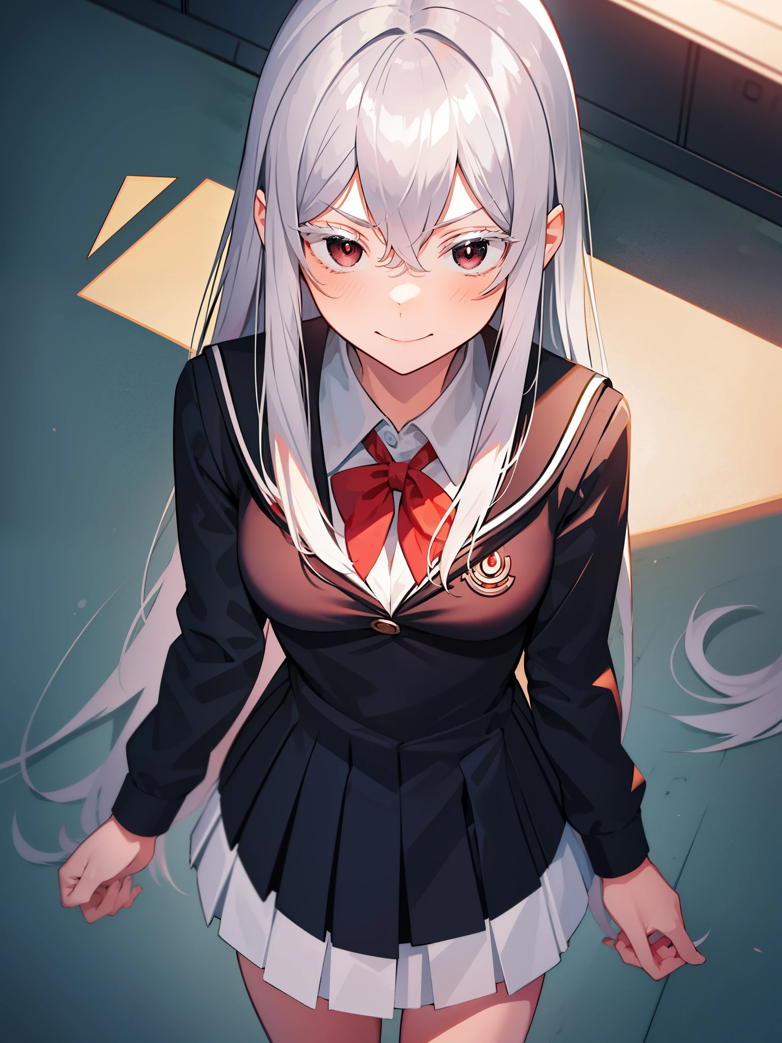 school sailor uniform, at school, near shoe lockers, arrogant expression, domineering smile, masterpiece, best quality, silver hair,red eyes