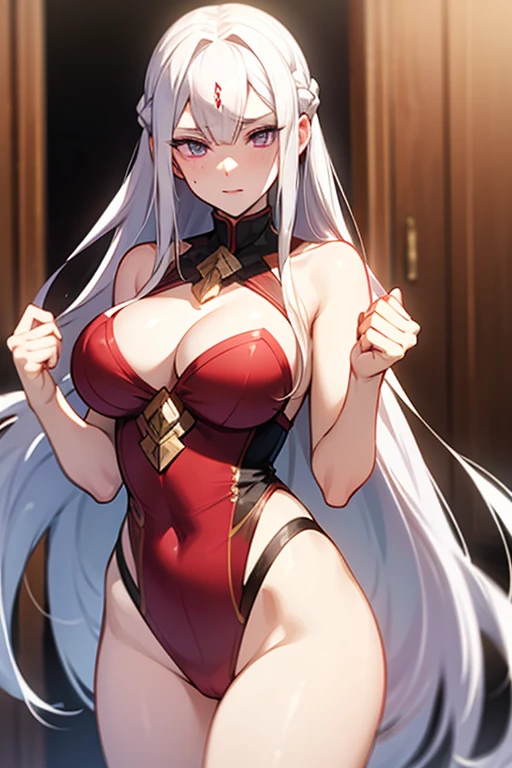 White hair, long hair, violet eyes, tight swimsuit, embarrased, edelgard fire emblem