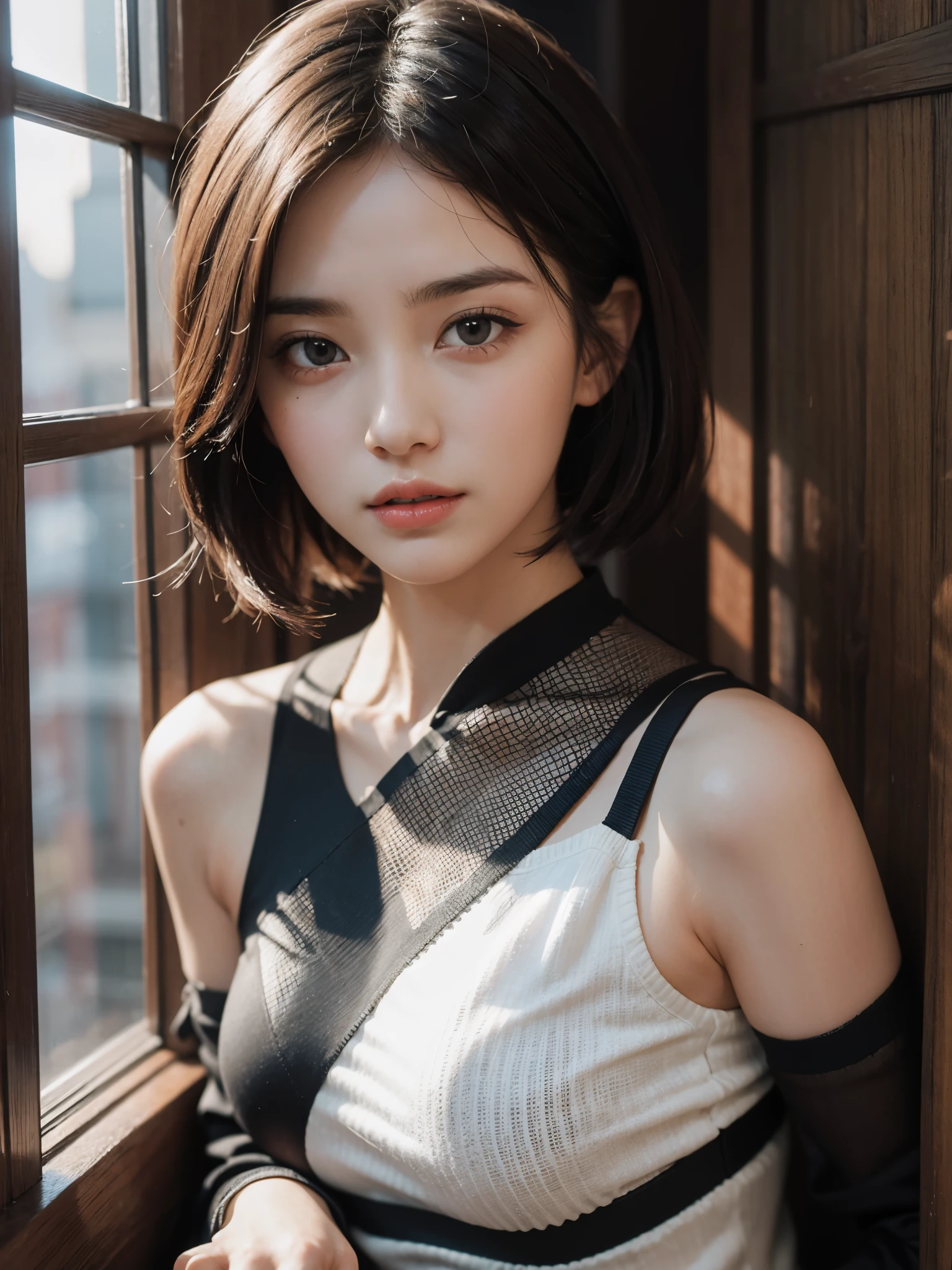 (surreal), (enlightenment), (High resolution), (8K), (very detailed), (The best enlightenmentns), (beautiful and fine eyes), (highest quality), (super detailed), (masterpiece), (wallpaper), (detailed face), 18 year old girl,Show off your beautiful armpits,Short or medium hair,upper body only,Girl in a sleeveless sweater, Japanese, big breasts, (camel toe)