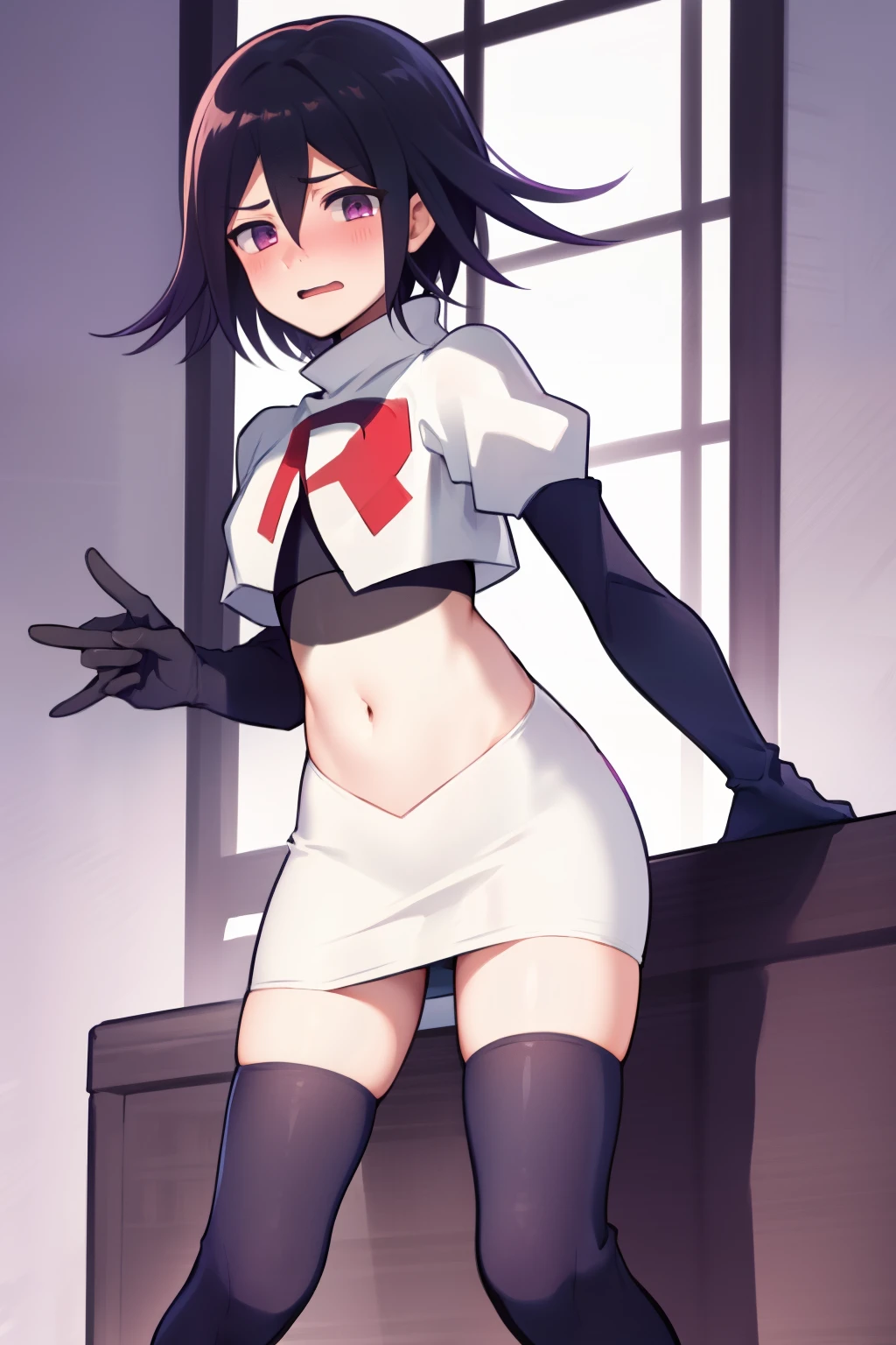 absurdres, cowboy shot, solo, male focus, trap, 1boy, crossdressing,1boy, oma kokichi, team rocket,team rocket uniform,white skirt,red letter R,crop top,black thigh-highs,black elbow gloves, embarrassed, blush