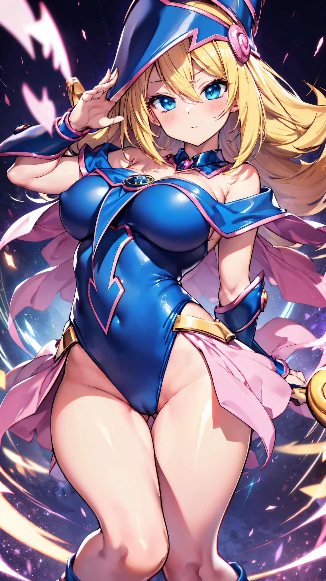 Black Magician Girl、super breasts、thick thighs、blonde hair、magic circle、8K, 4k, highest quality, High resolution: 1.2),winking、One breast exposed、cute anime face、Pink blush on cheeks、noise removal、Leotard that bites into、have a cane、Hold your cane、Rear view、Turning around、full body portrait、T-back that digs into your butt