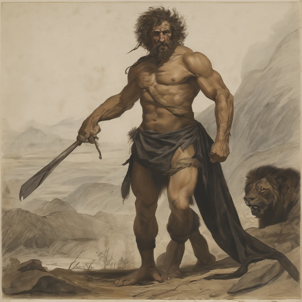 A barbaric strong man, de cabelos longos e loiros, wearing a lion loincloth and a torn black cloak, usando um Machado grande 