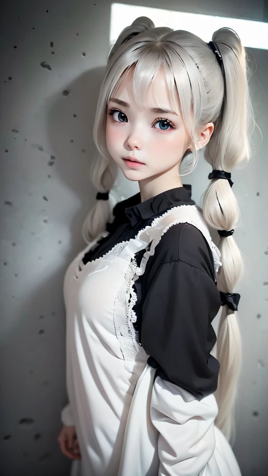 portrait、masterpiece:1.3、one girl、Upper body、Upper body、、natural look、very cute、charming eyes、small breasts、platinum blonde hair、短いtwin tails:1.3、twin tails、plump lips、no makeup、luxury shirt with lace、black shirt、RAW photo、最high quality、High resolution、Super detailed、high quality、Detailed details、8k、(((blurred background、gray walls、gray background、White world、studio:1.5、cinematic lighting、professional photographer)))