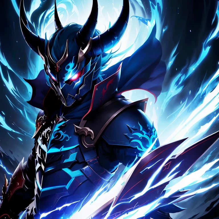 anime, a male character with a horned head and a blue flame, Dragon Knight, epic fantasy digital art style, Samurai demon warrior, anime foda 8k, dota 2 hero, arte oficial, epic fantasy art style, epic fantasy art style hd, Lich Demon Mage Classe, estilo de arte de League of Legends, Samurai demon, demonic armor, liga das lendas arcano com cabelo azul marinho