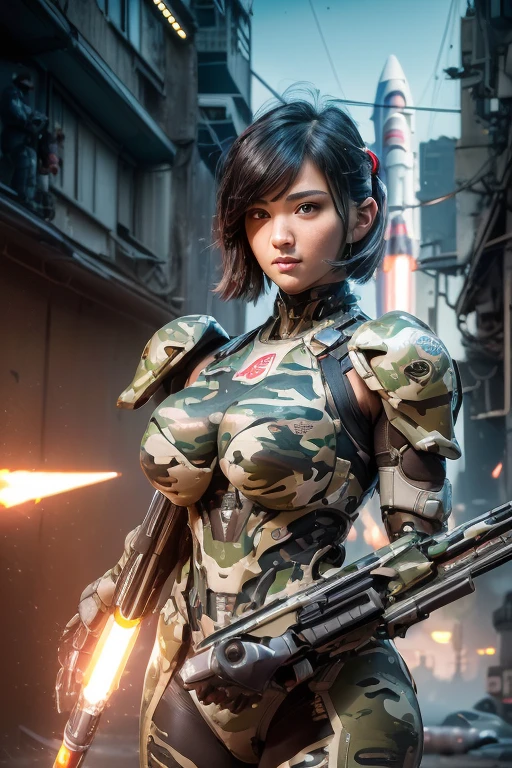 extremely detailed CG unity 32K wallpaper, top quality, masterpiece, raw photo, photorealistic, highest resolution, professional photo, dynamic, cinematic lighting, (cyberpunk:1.4), science fiction, sharp focus, depth of field, (perfect body, correct anatomy, correct body proportion:1.5), intricately detailed face, expressive face, POV, (from front:1.3), 1 girl, ((female soldier:1.4)), mecha-musume, solo, (cowboy shot:1.2), black hair, (very short hair:1.1), ultra-realistic skin, detailed skin, tanned skin, (dark and bright eyes:1.3), highly detailed nose and lips, (tall nose, beautiful nose:1.4), expressionless, (round and slim outline of the face:1.4), (camouflaged, combat uniform:1.5), (slender, beautiful breast:1.4), perfect body proportion, ((powered suit, mechanical body armor, highly weaponized body:1.3)), ((holding 1 blaster rifle:1.5)), ((aiming the blaster rifle:1.5)), (((a pair of rocket launchers is mounted on the girl's both shoulders:1.5))), in combat with hostile armed group, (((noon, daytime, vandalized town:1.3)))
