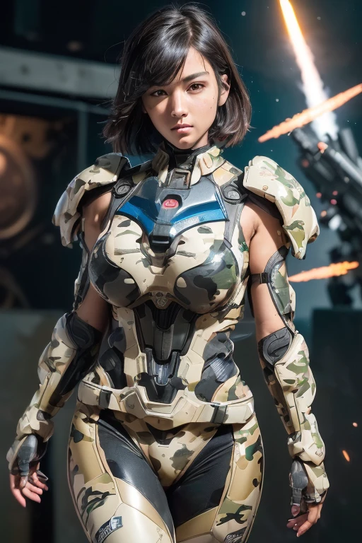 extremely detailed CG unity 32K wallpaper, top quality, masterpiece, raw photo, photorealistic, highest resolution, professional photo, dynamic, cinematic lighting, (cyberpunk:1.4), science fiction, sharp focus, depth of field, (perfect body, correct anatomy, correct body proportion:1.5), intricately detailed face, expressive face, POV, (from front:1.3), 1 girl, ((female soldier:1.4)), mecha-musume, solo, (cowboy shot:1.2), black hair, (very short hair:1.1), ultra-realistic skin, detailed skin, tanned skin, (dark and bright eyes:1.3), highly detailed nose and lips, (tall nose, beautiful nose:1.4), expressionless, (round and slim outline of the face:1.4), (camouflaged, combat uniform:1.5), (slender, beautiful breast:1.4), perfect body proportion, ((powered suit, mechanical body armor, highly weaponized body:1.3)), ((holding 1 blaster rifle:1.5)), ((aiming the blaster rifle:1.5)), (((a pair of rocket launchers is mounted on the girl's both shoulders:1.5))), in combat with hostile armed group, (((noon, daytime, vandalized town:1.3)))